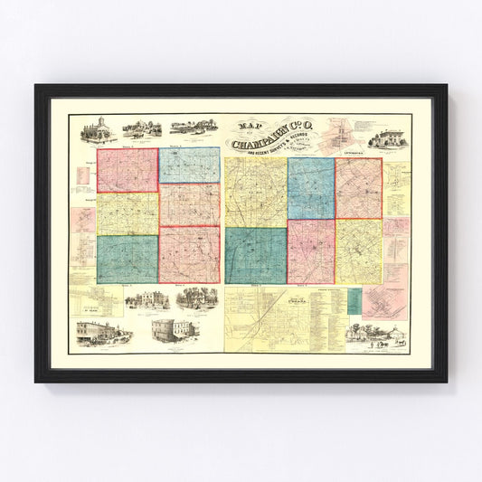 Vintage Map of Champaign County, Ohio 1858