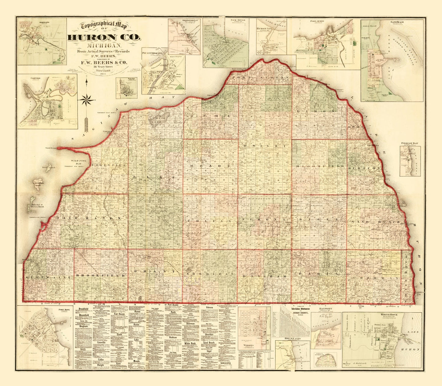 Vintage Map of Huron County, Michigan 1875
