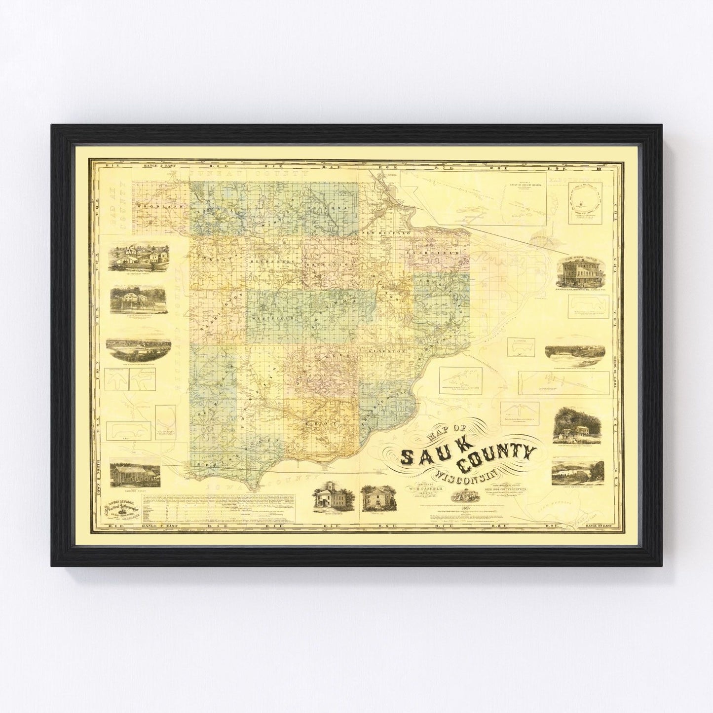 Vintage Map of Sauk County, Wisconsin 1859