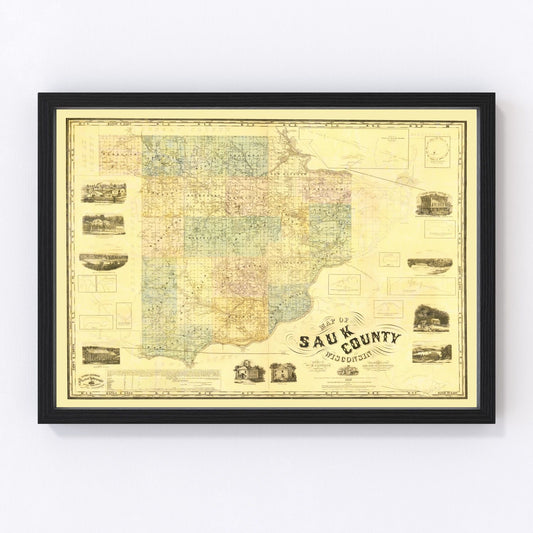 Vintage Map of Sauk County, Wisconsin 1859