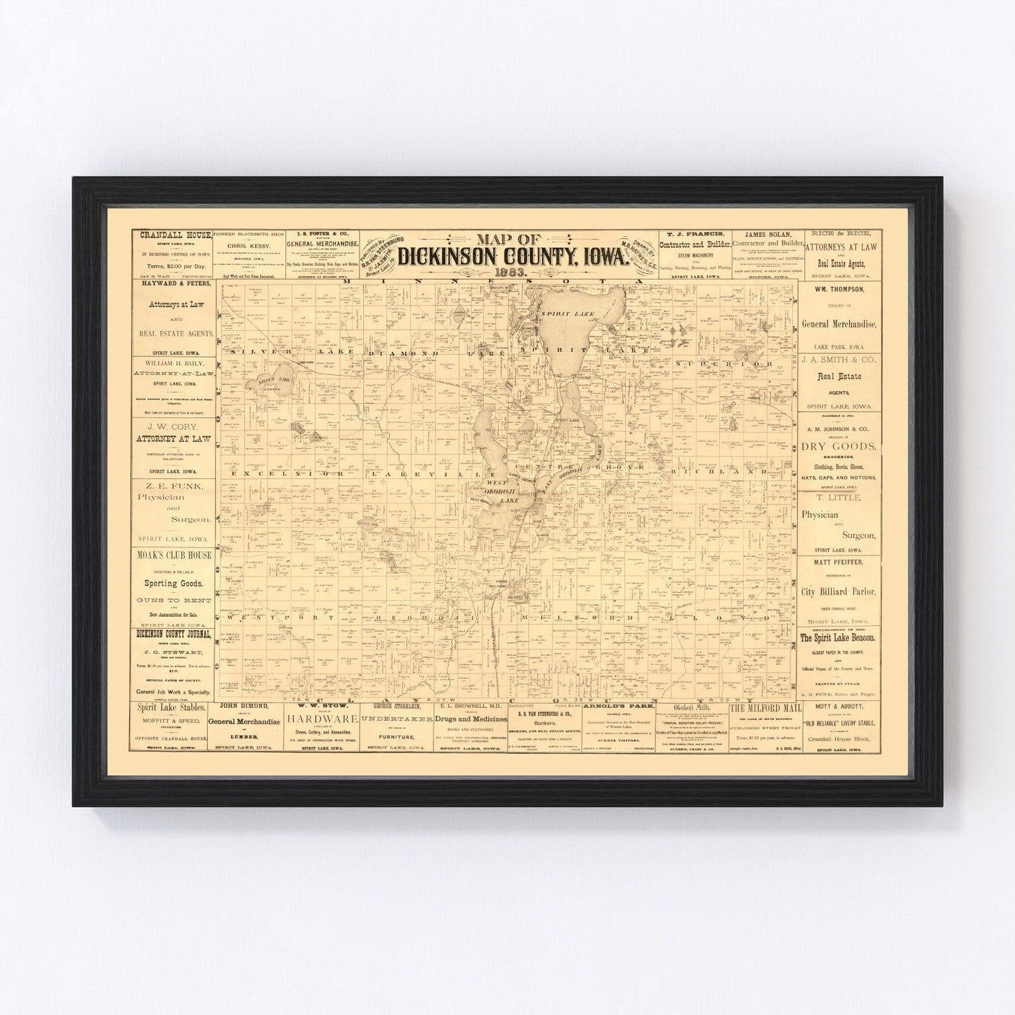 Vintage Map of Dickinson County, Iowa 1883