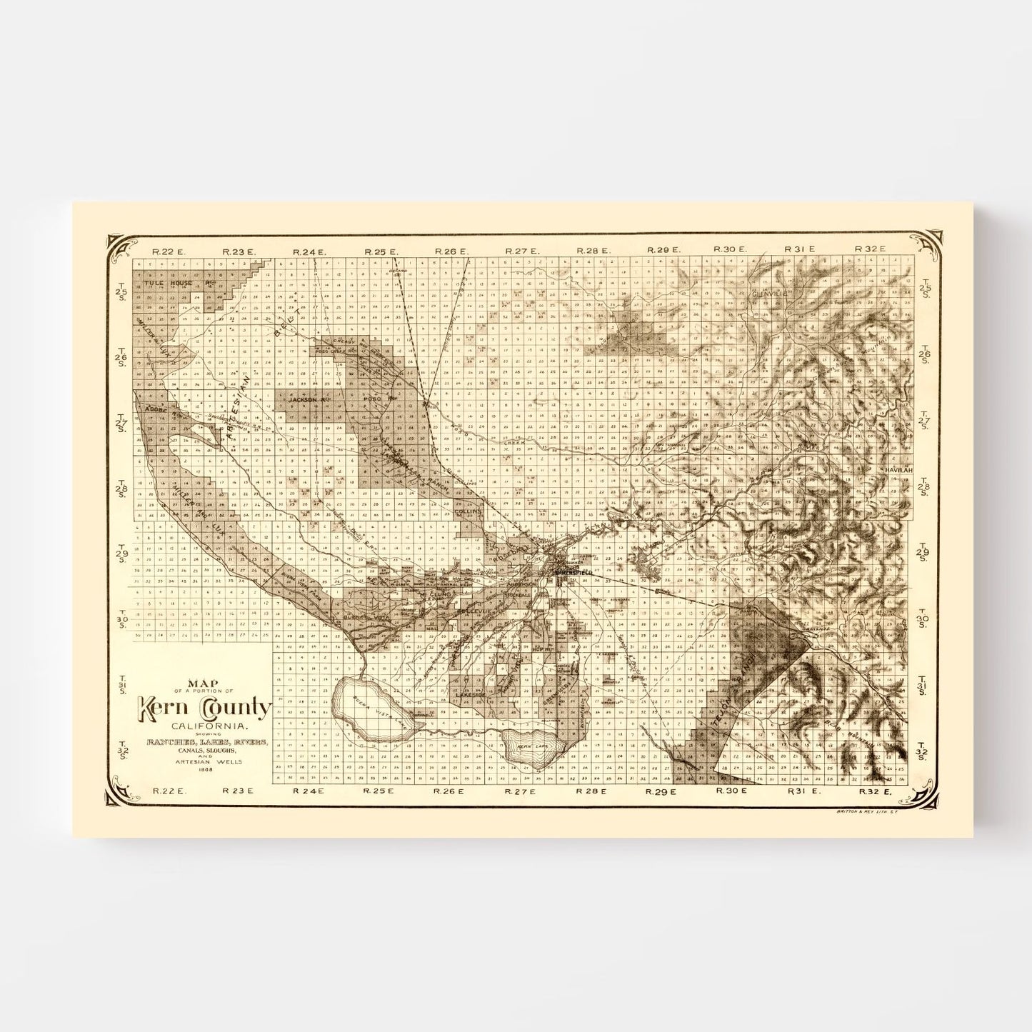 Vintage Map of Kern County, California 1888