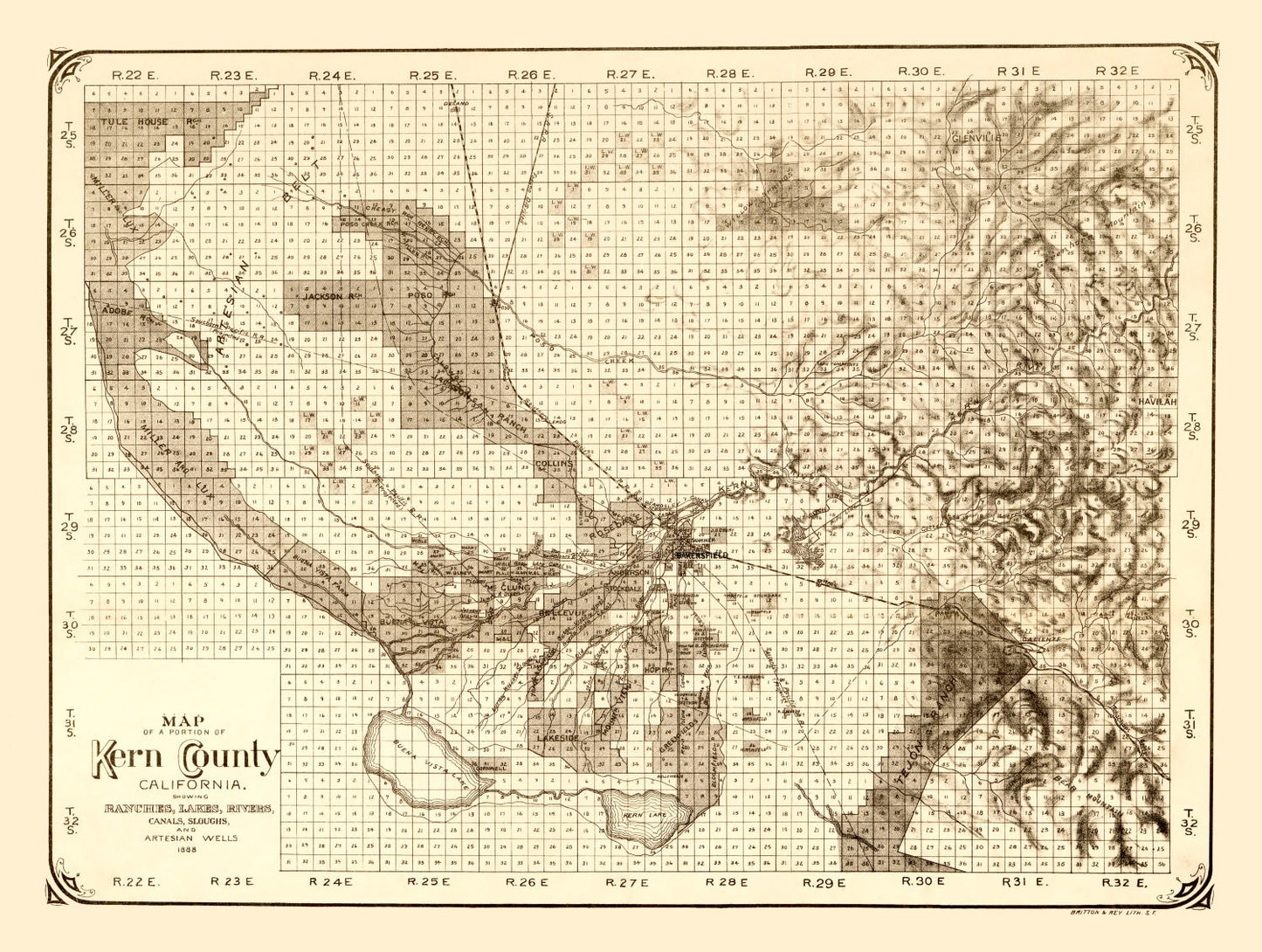 Vintage Map of Kern County, California 1888