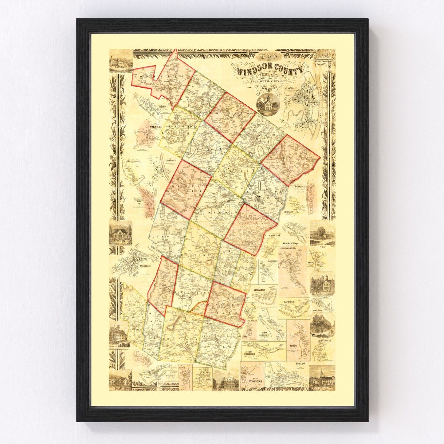Vintage Map of Windsor County, Vermont 1855