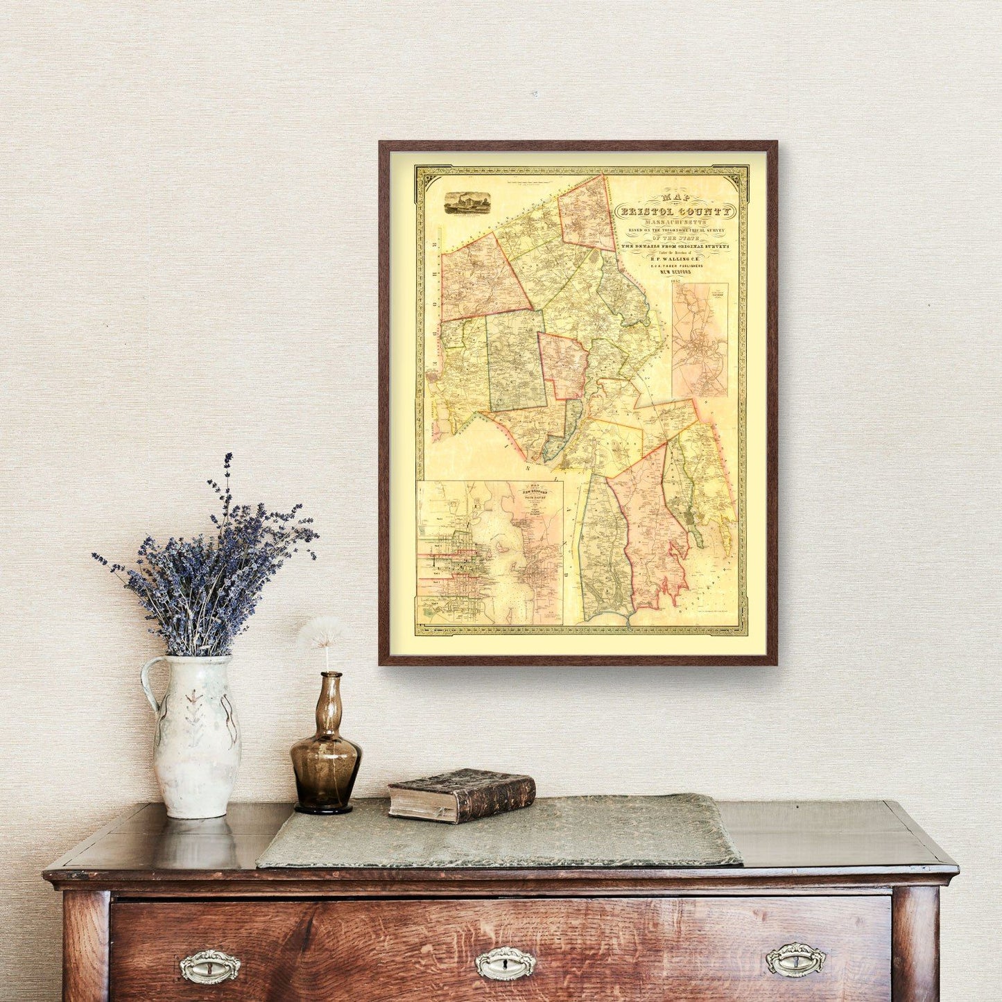 Vintage Map of Bristol County, Massachusetts 1852