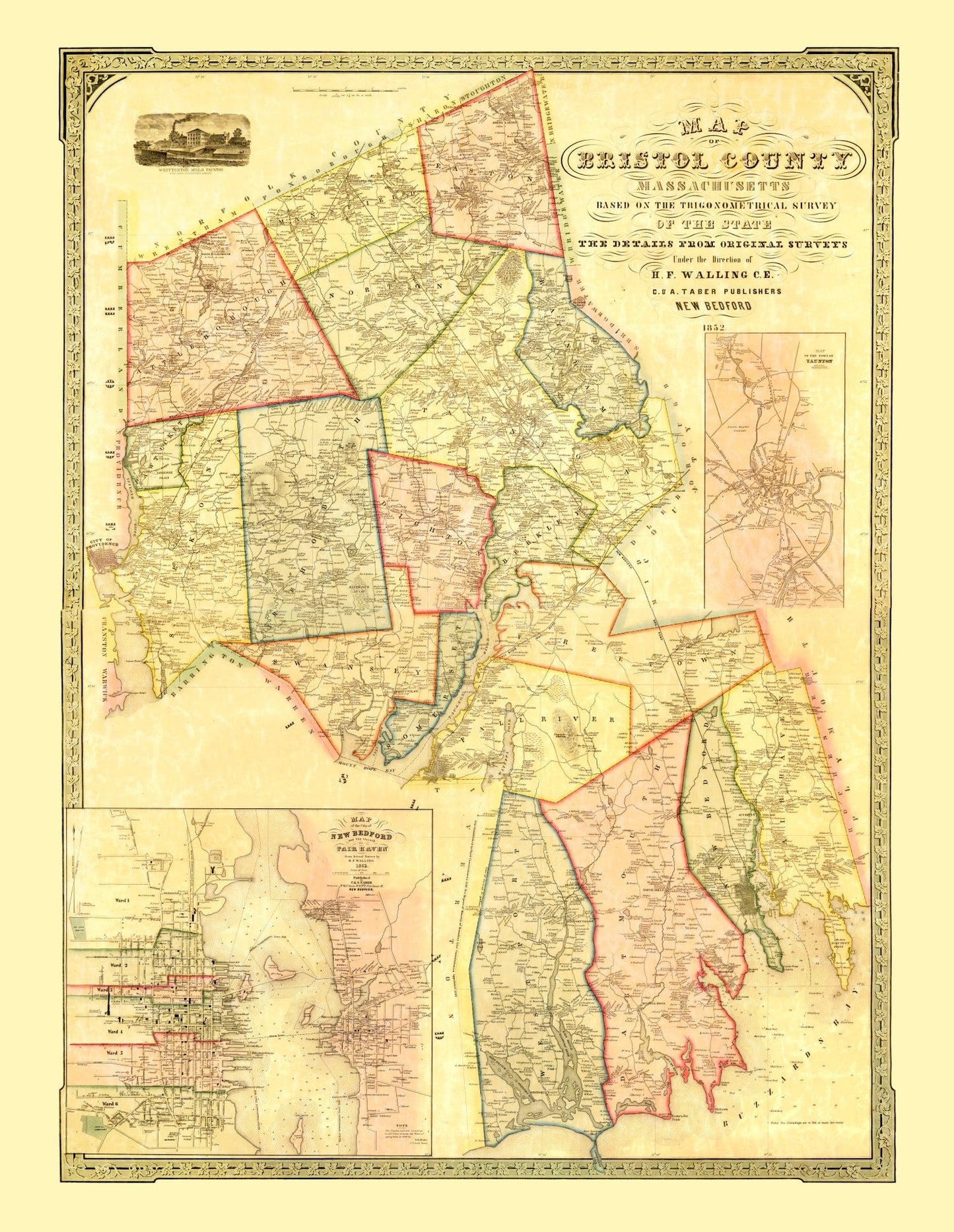 Vintage Map of Bristol County, Massachusetts 1852