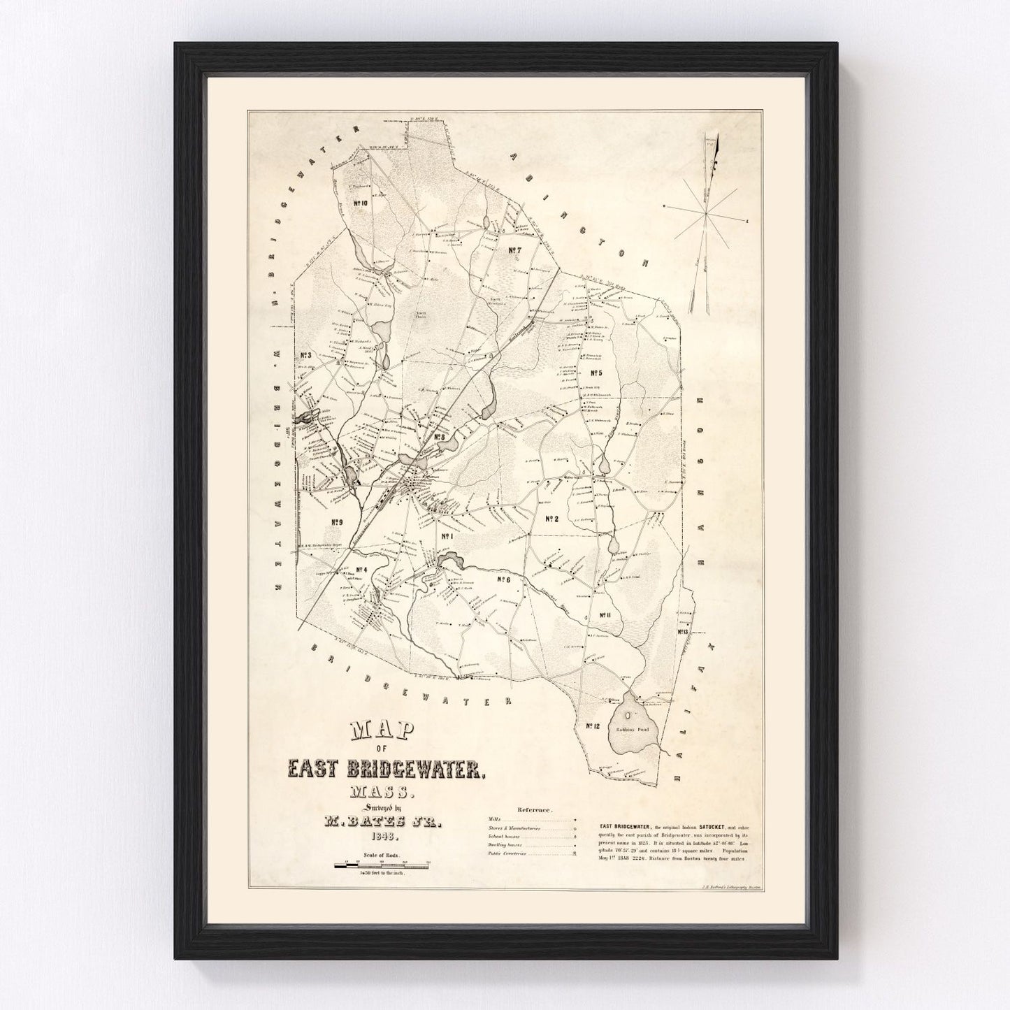 Vintage Map of Bridgewater County, Massachusetts 1848