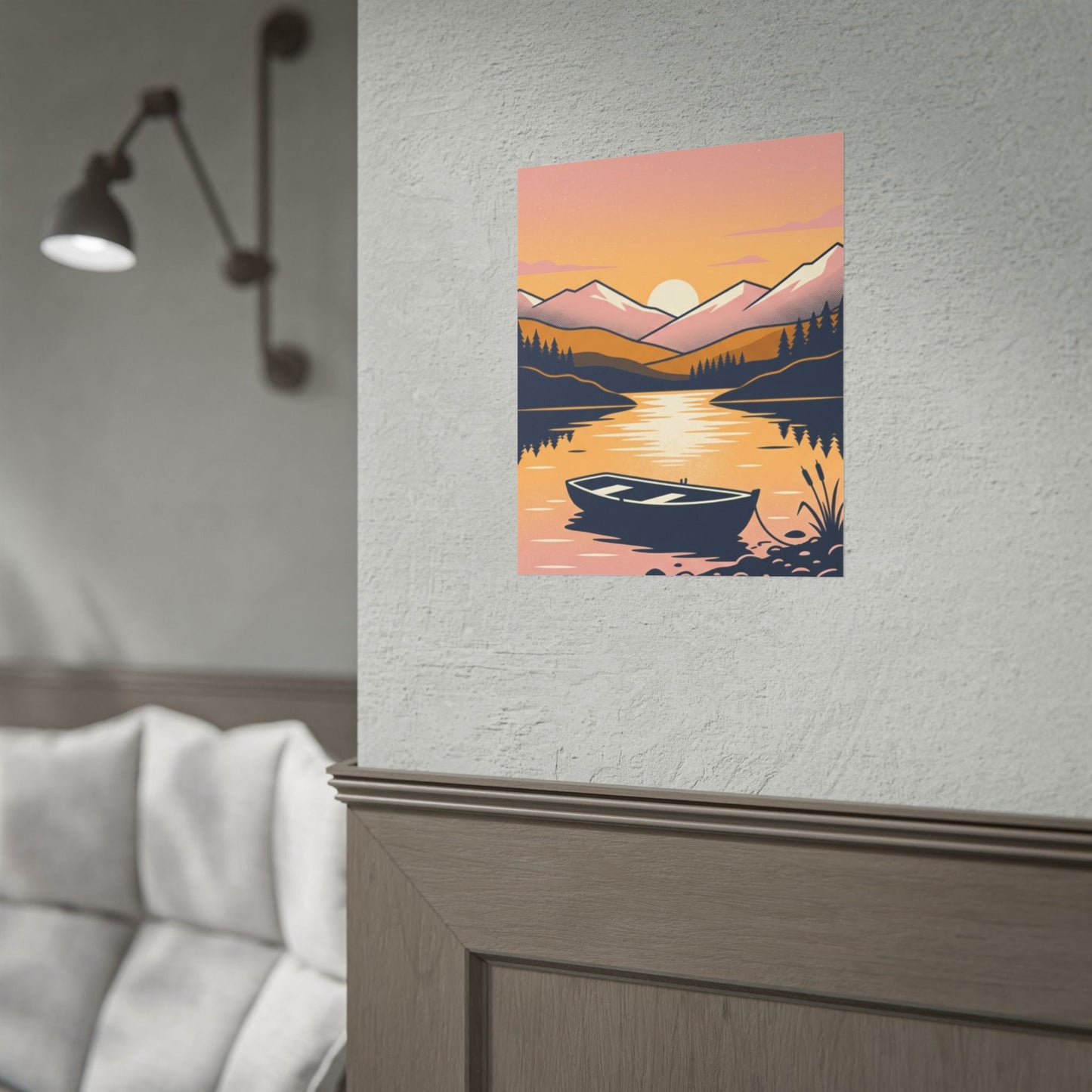 Sunset Lake Boat Poster — Scenic Mountain Landscape Wall Art