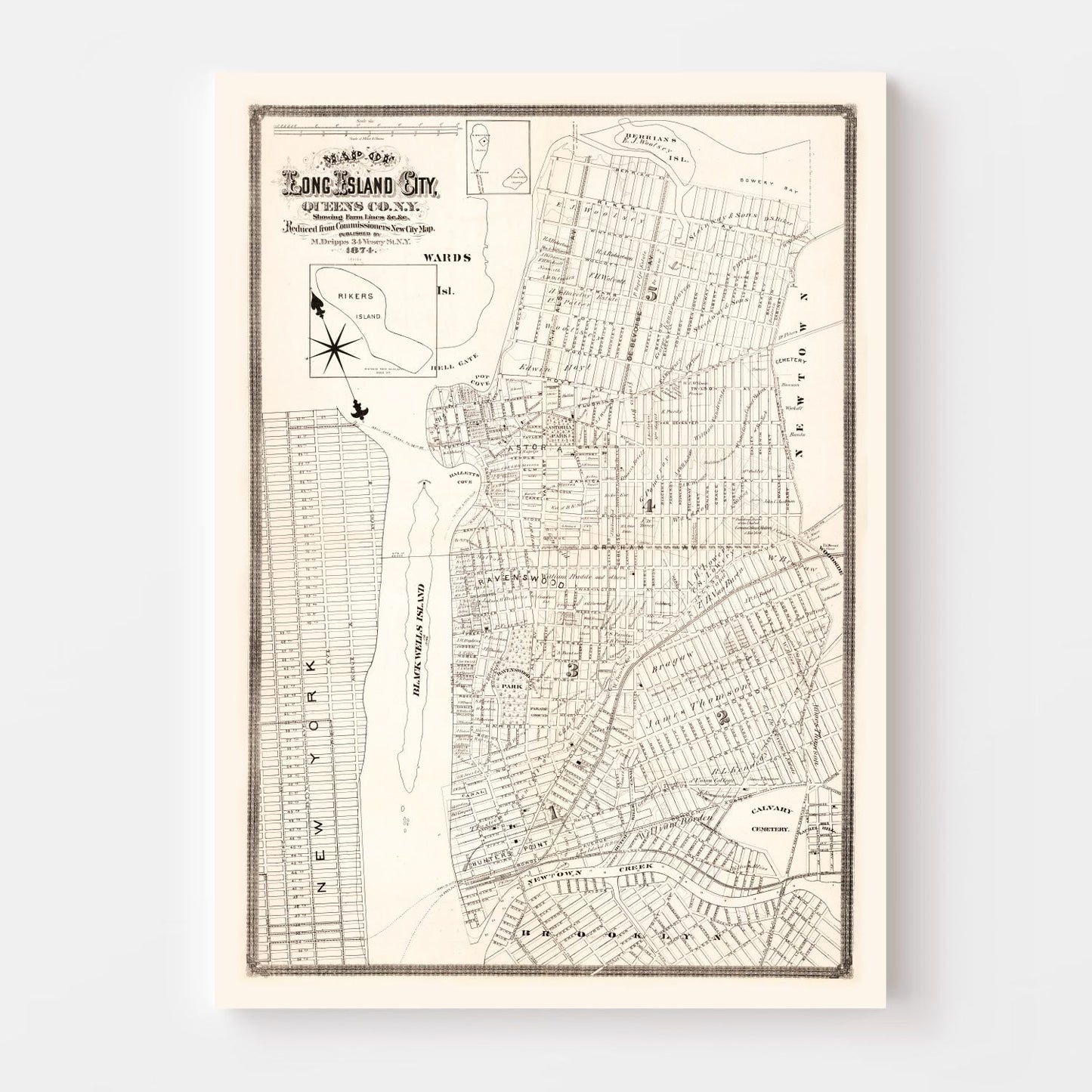 Vintage Map of Queens County, New York 1874