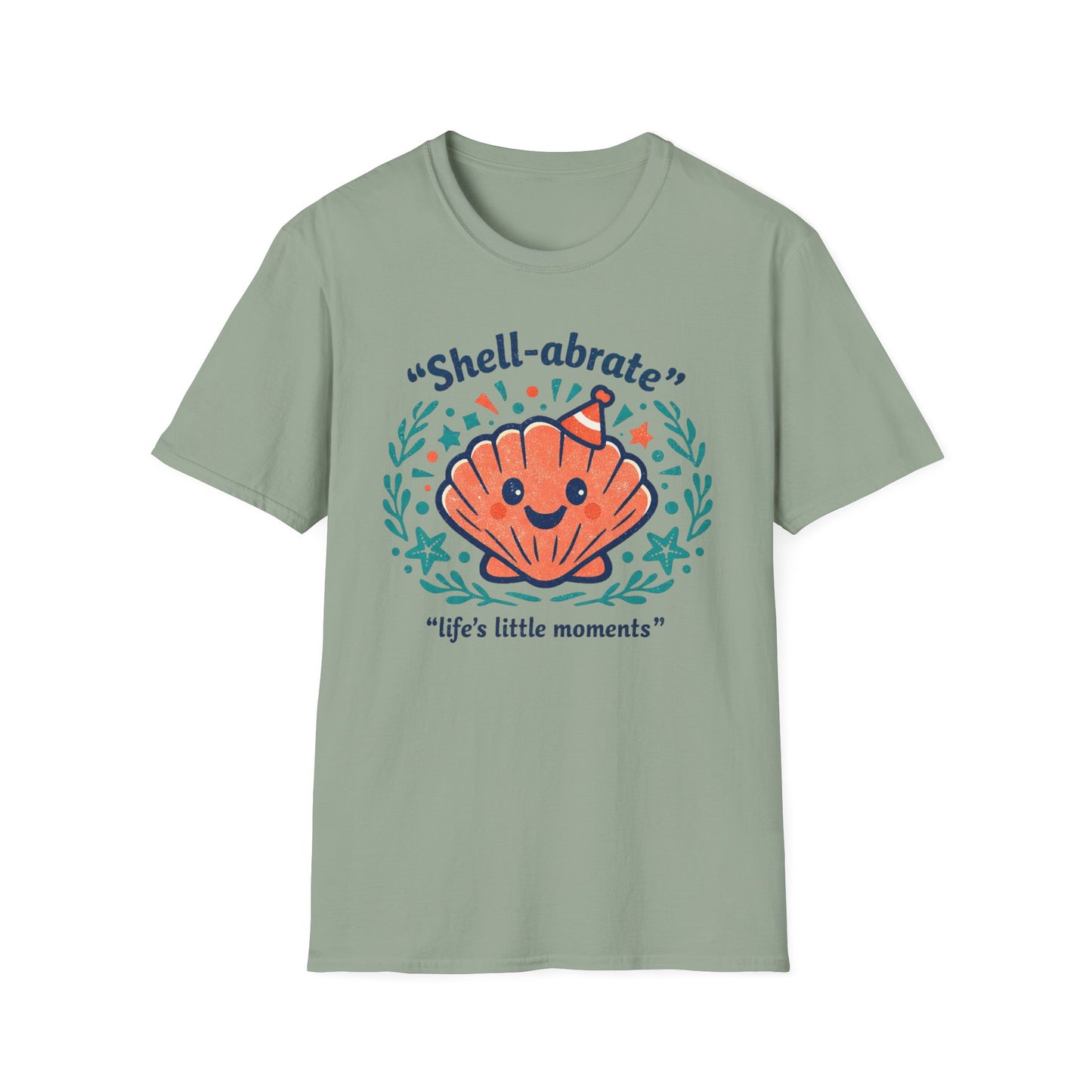 Shell-abrate Happy Seashell T-Shirt — "life's little moments" Cute Beach Graphic Tee
