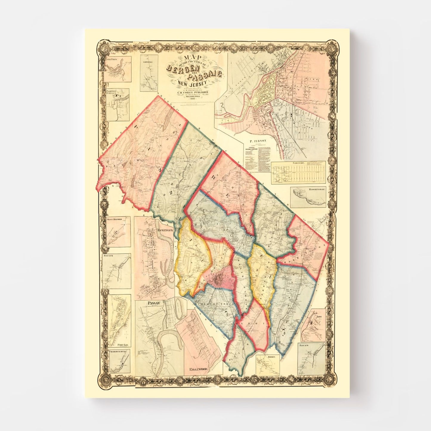 Vintage Map of Bergen County, New Jersey 1861
