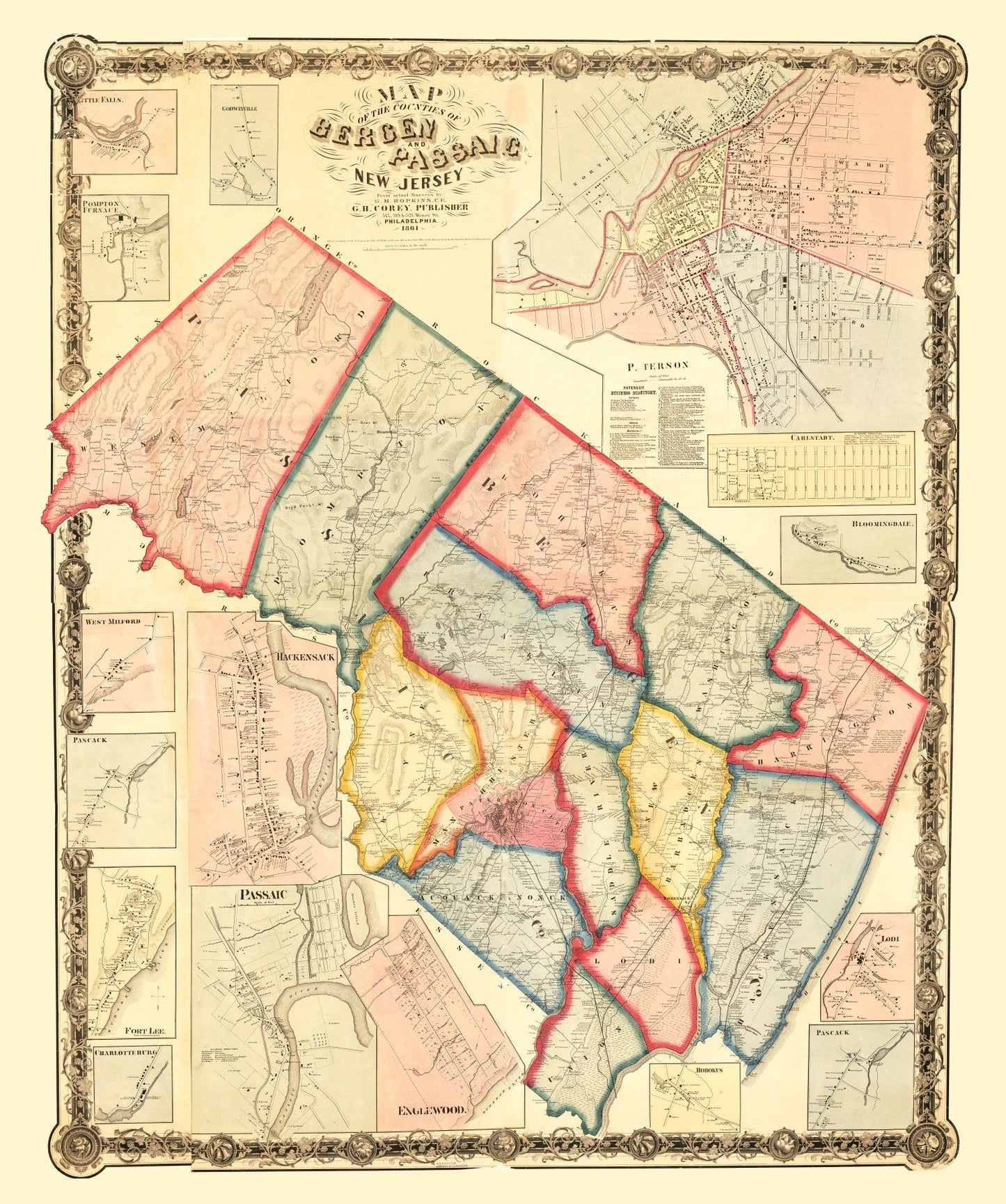 Vintage Map of Bergen County, New Jersey 1861