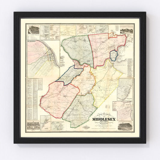 Vintage Map of Middlesex County, New Jersey 1861