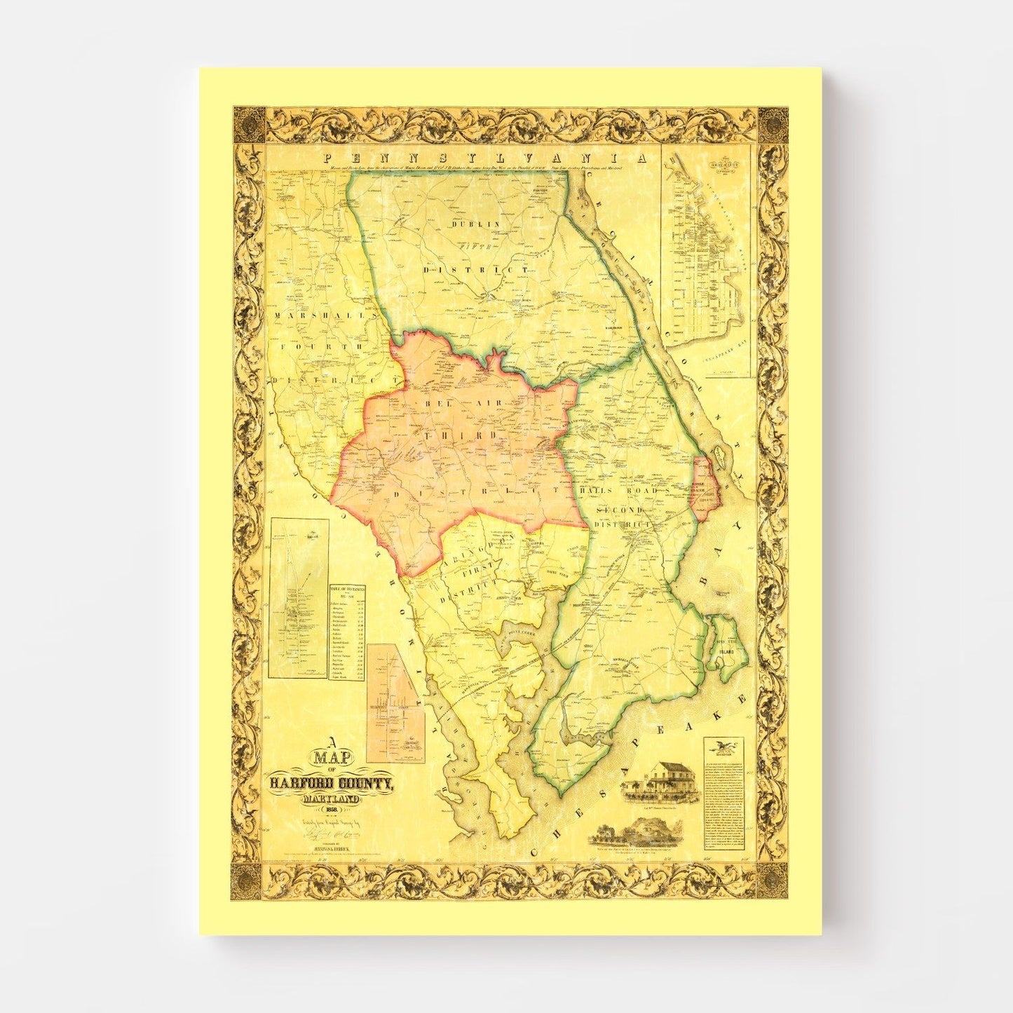 Vintage Map of Harford County, Maryland 1861