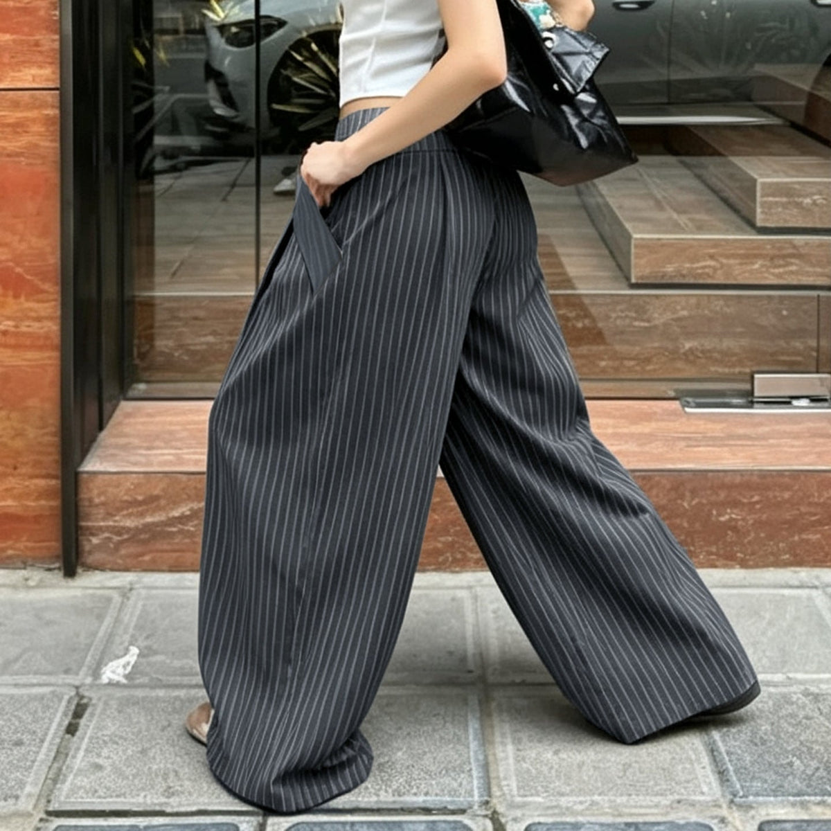 Women's Dark Gray Pinstripe Wide-Leg Pants
