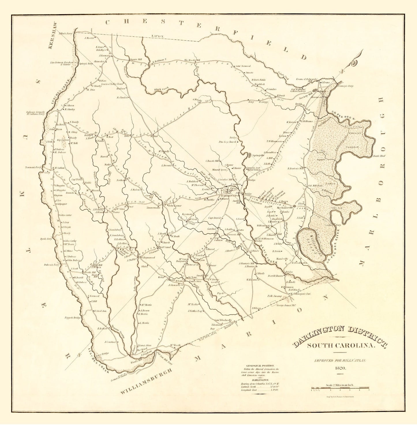 Vintage Map of Darlington District County, South Carolina 1825