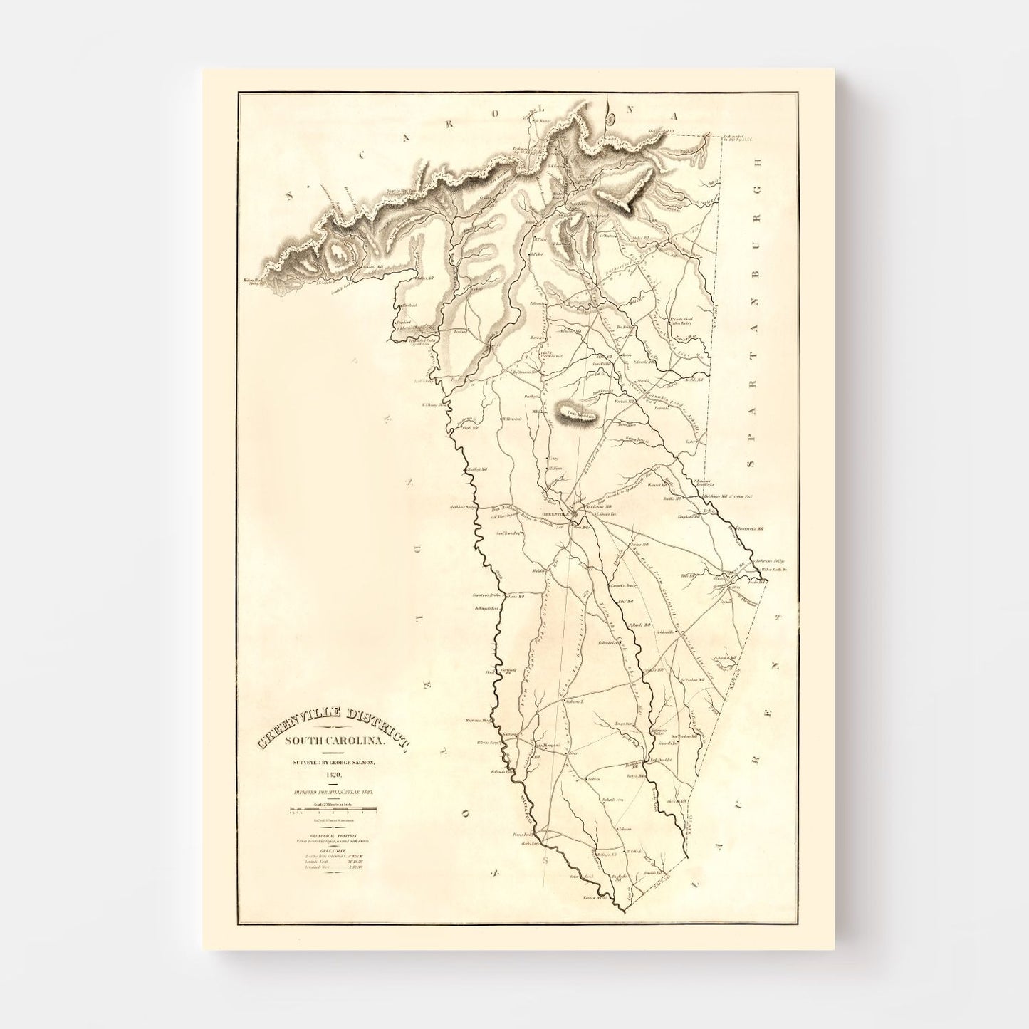 Vintage Map of Greenville District County, South Carolina 1825