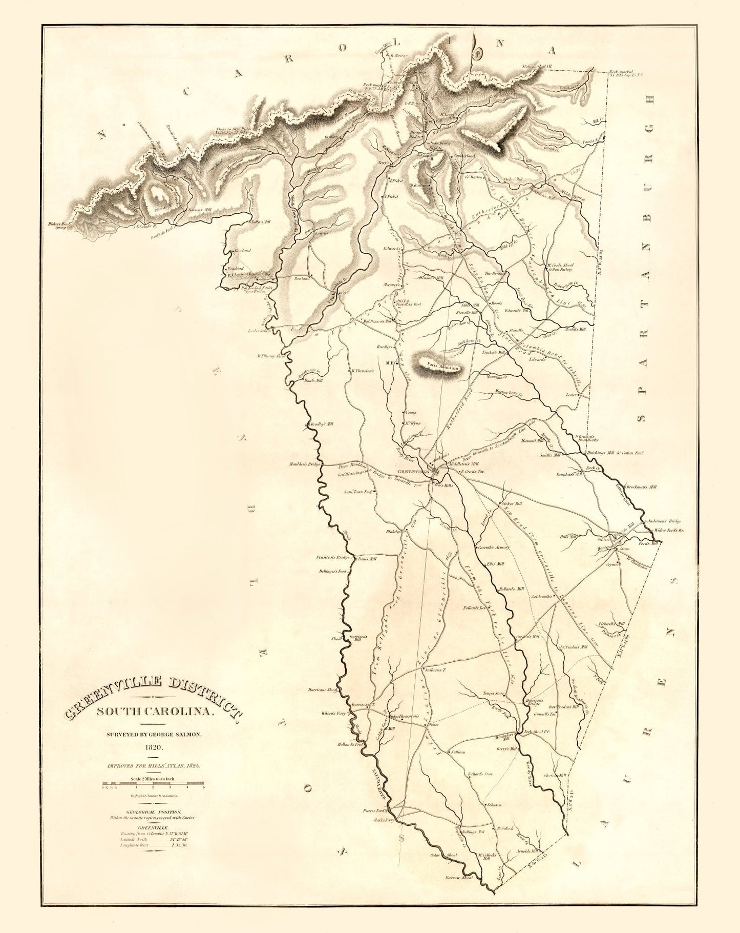 Vintage Map of Greenville District County, South Carolina 1825