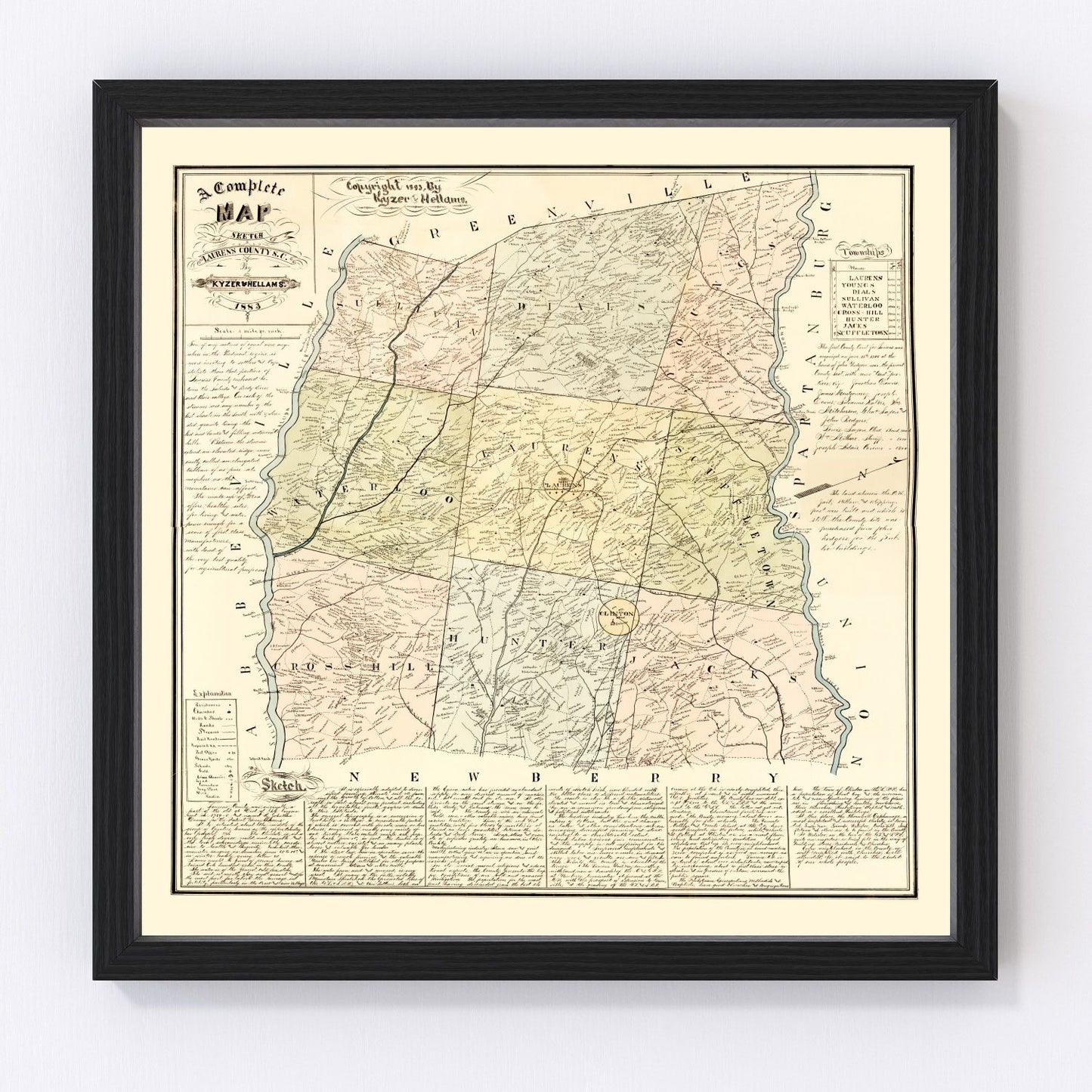 Vintage Map of Laurens County, South Carolina 1883