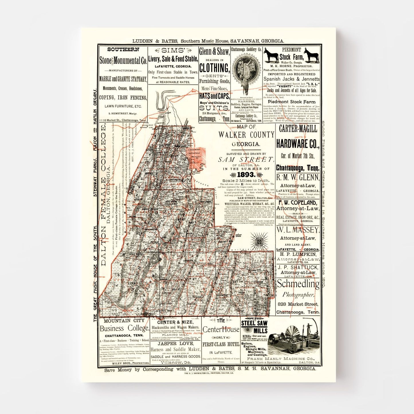 Vintage Map of Walker County, Georgia 1893