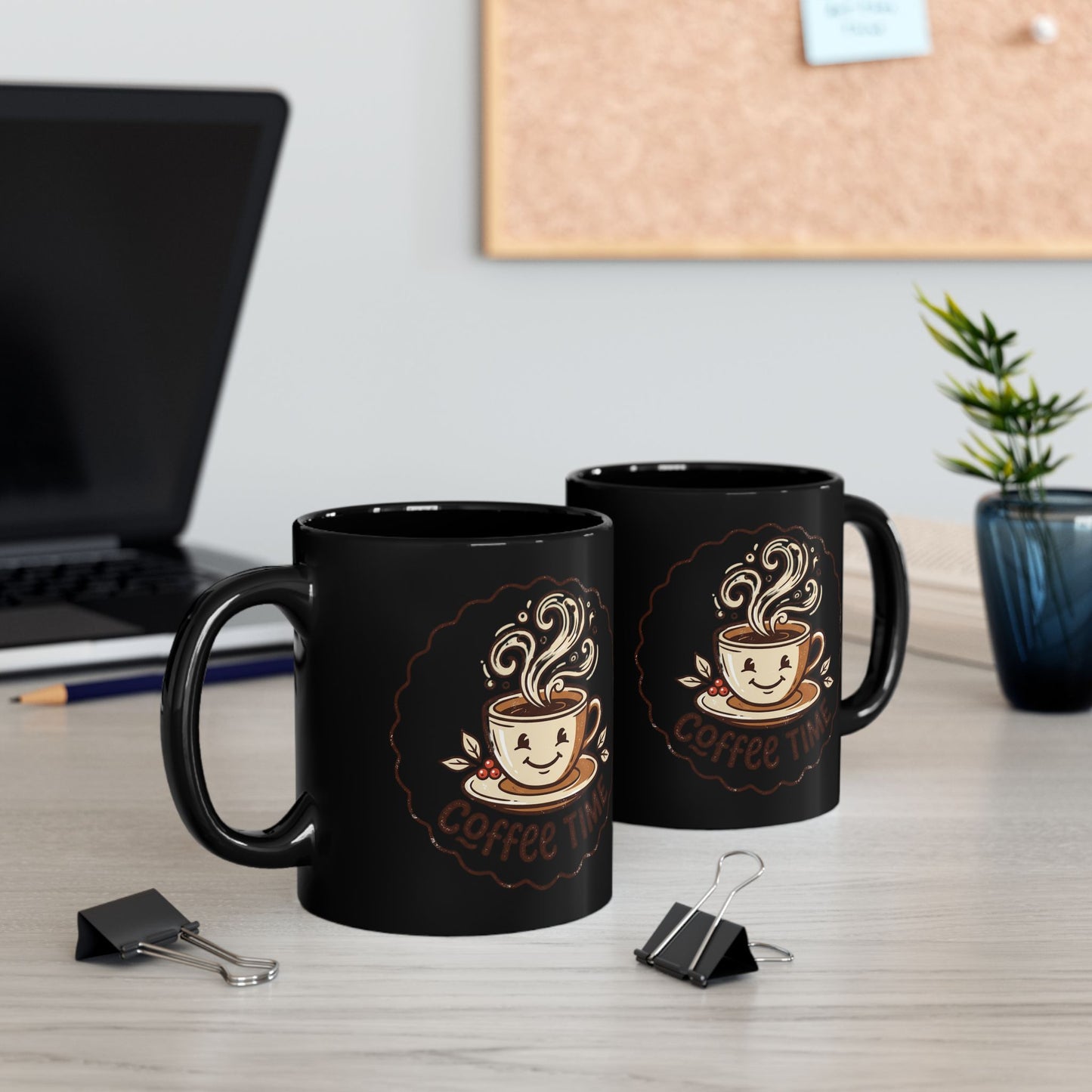 Coffee Time Black Mug – Cute Smiling Coffee Cup Ceramic Mug (11oz, 15oz)