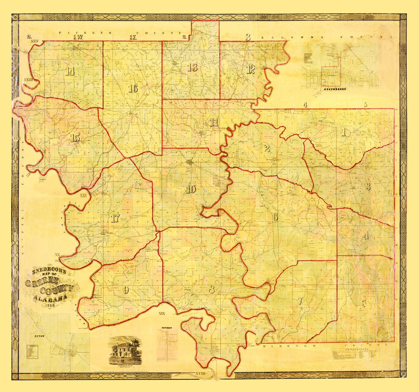 Vintage Map of Greene County, Alabama 1856