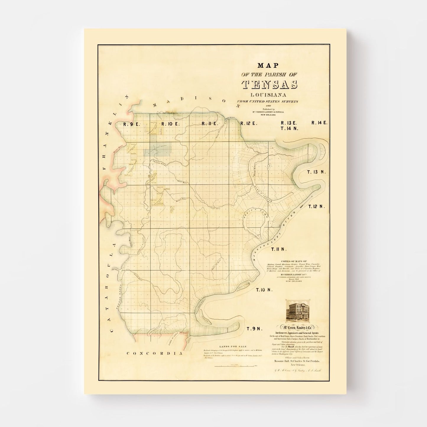 Vintage Map of Tensas Parish, Louisiana 1860