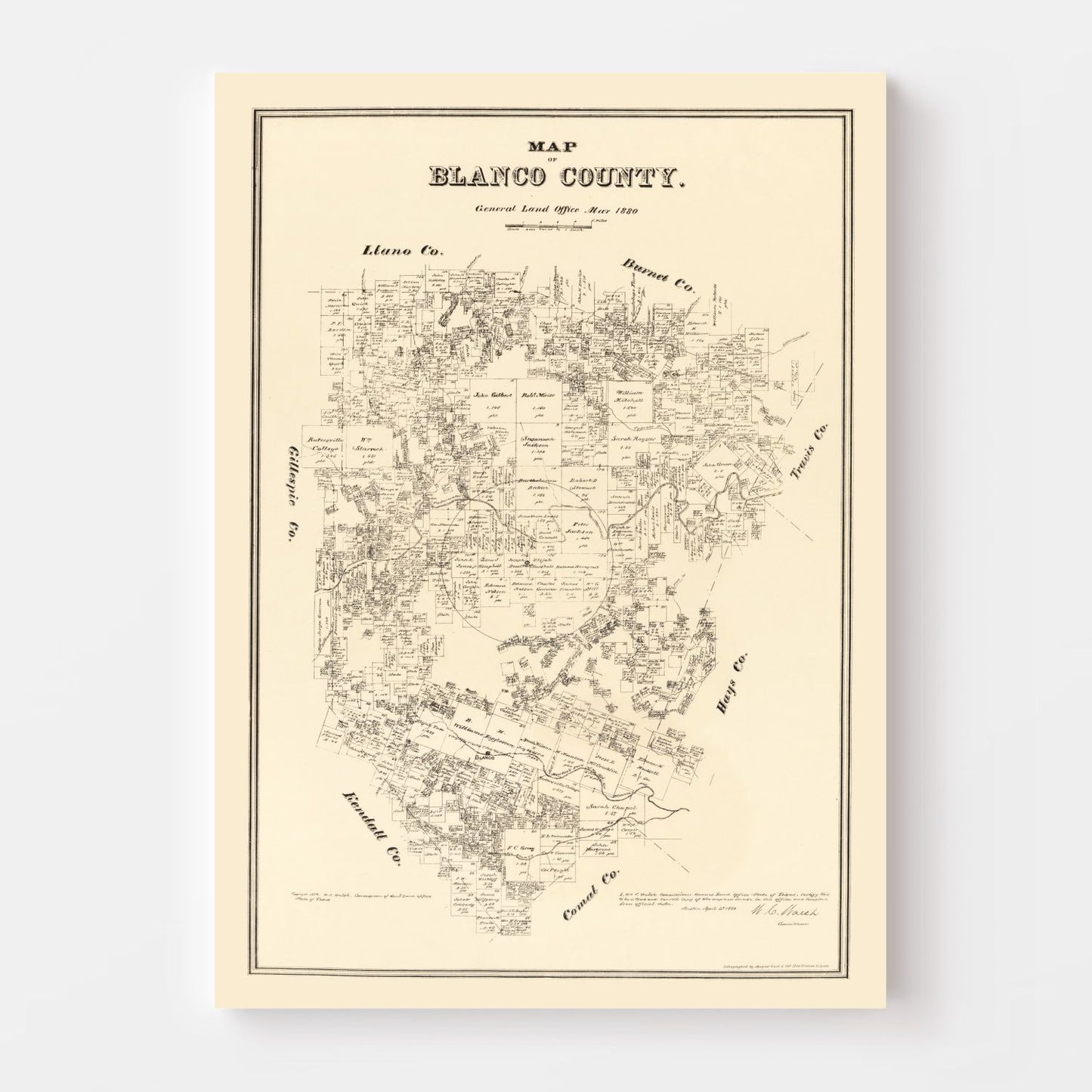 Vintage Map of Blanco County, Texas 1879