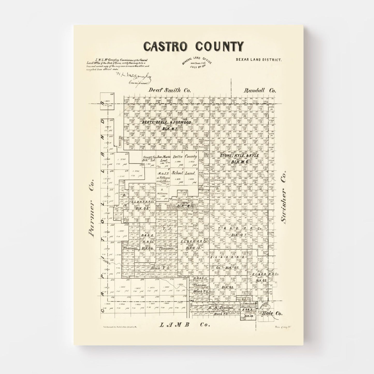 Vintage Map of Castro County, Texas 1891