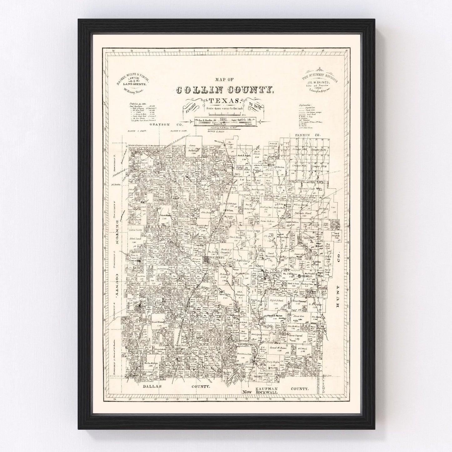 Vintage Map of Collin County, Texas 1881