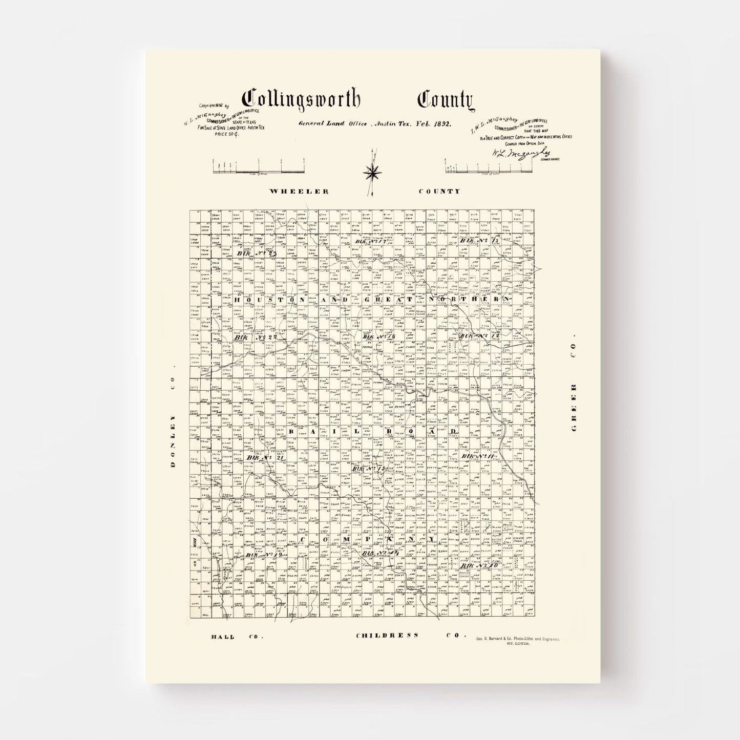 Vintage Map of Collingsworth County, Texas 1892
