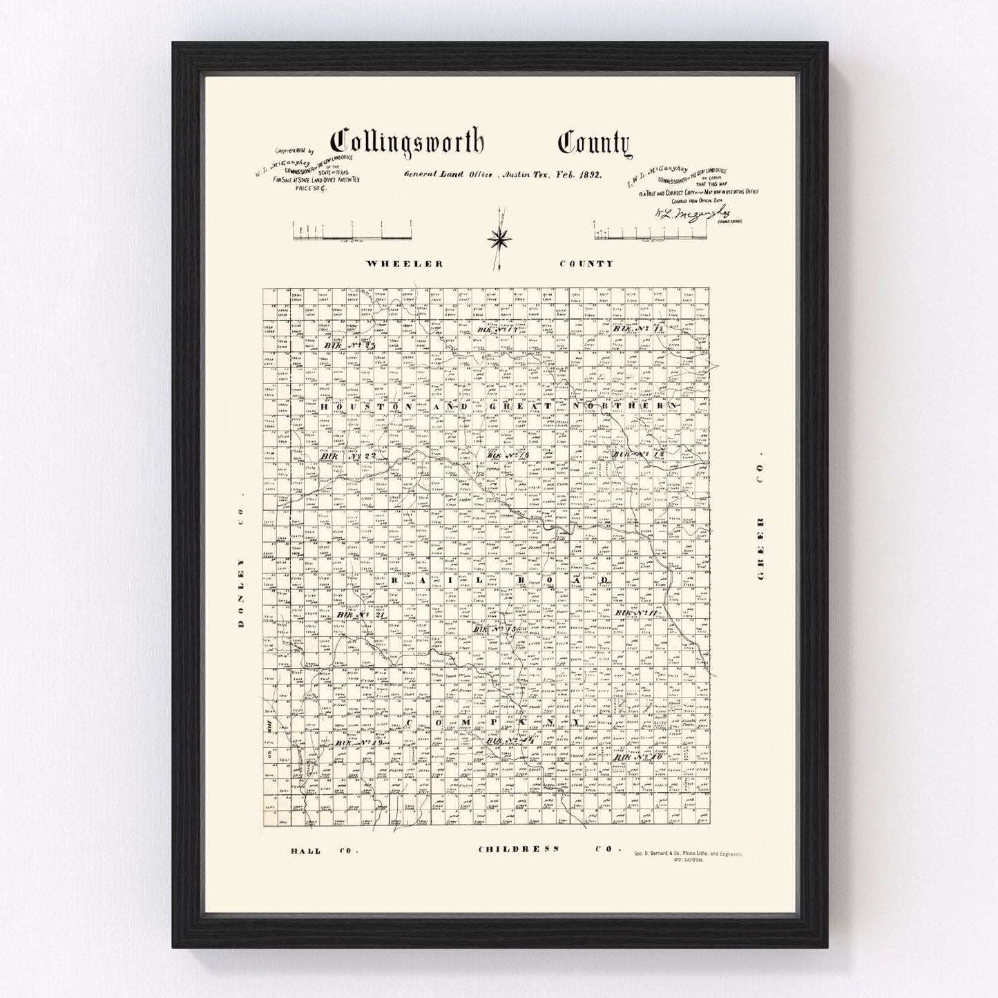 Vintage Map of Collingsworth County, Texas 1892