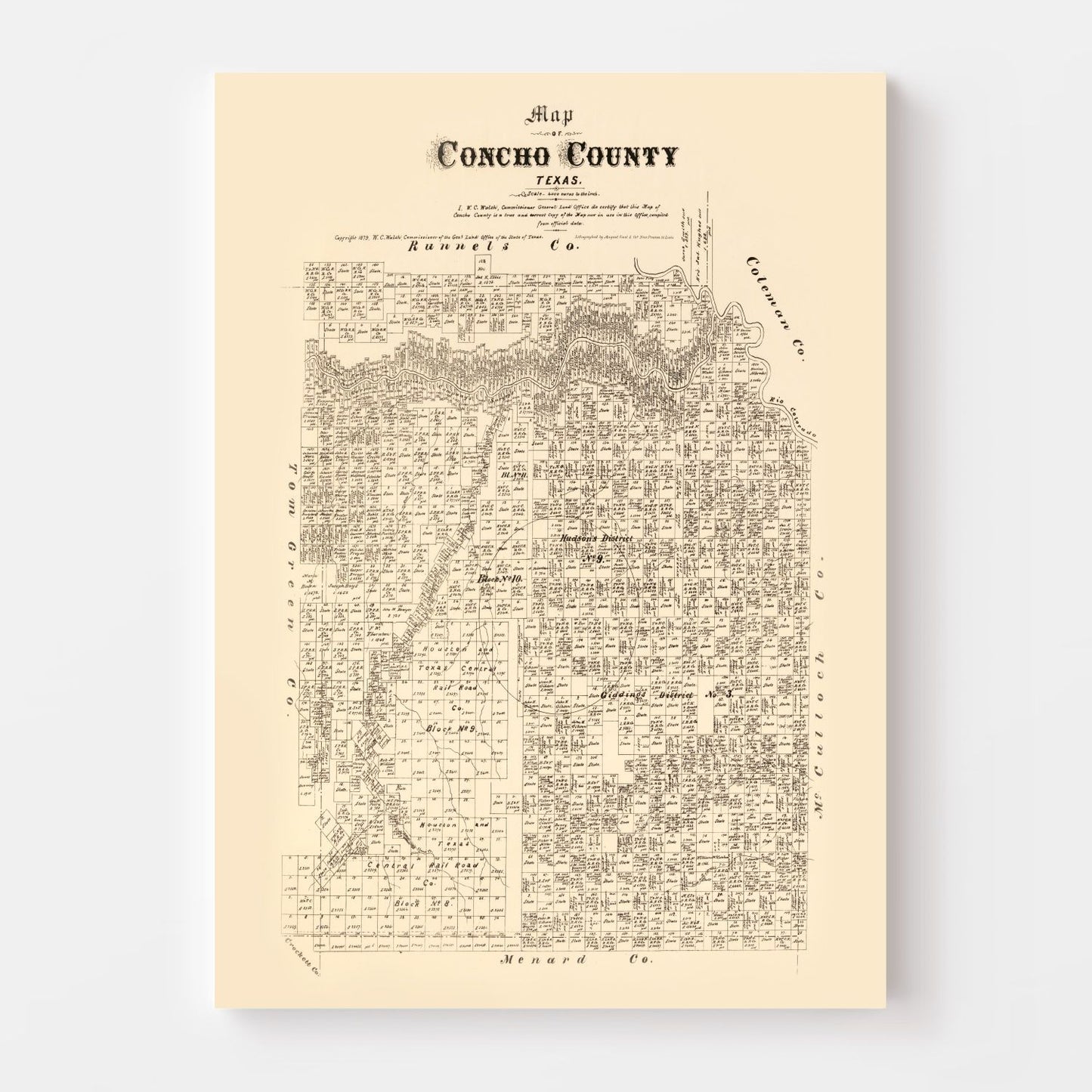 Vintage Map of Concho County, Texas 1879