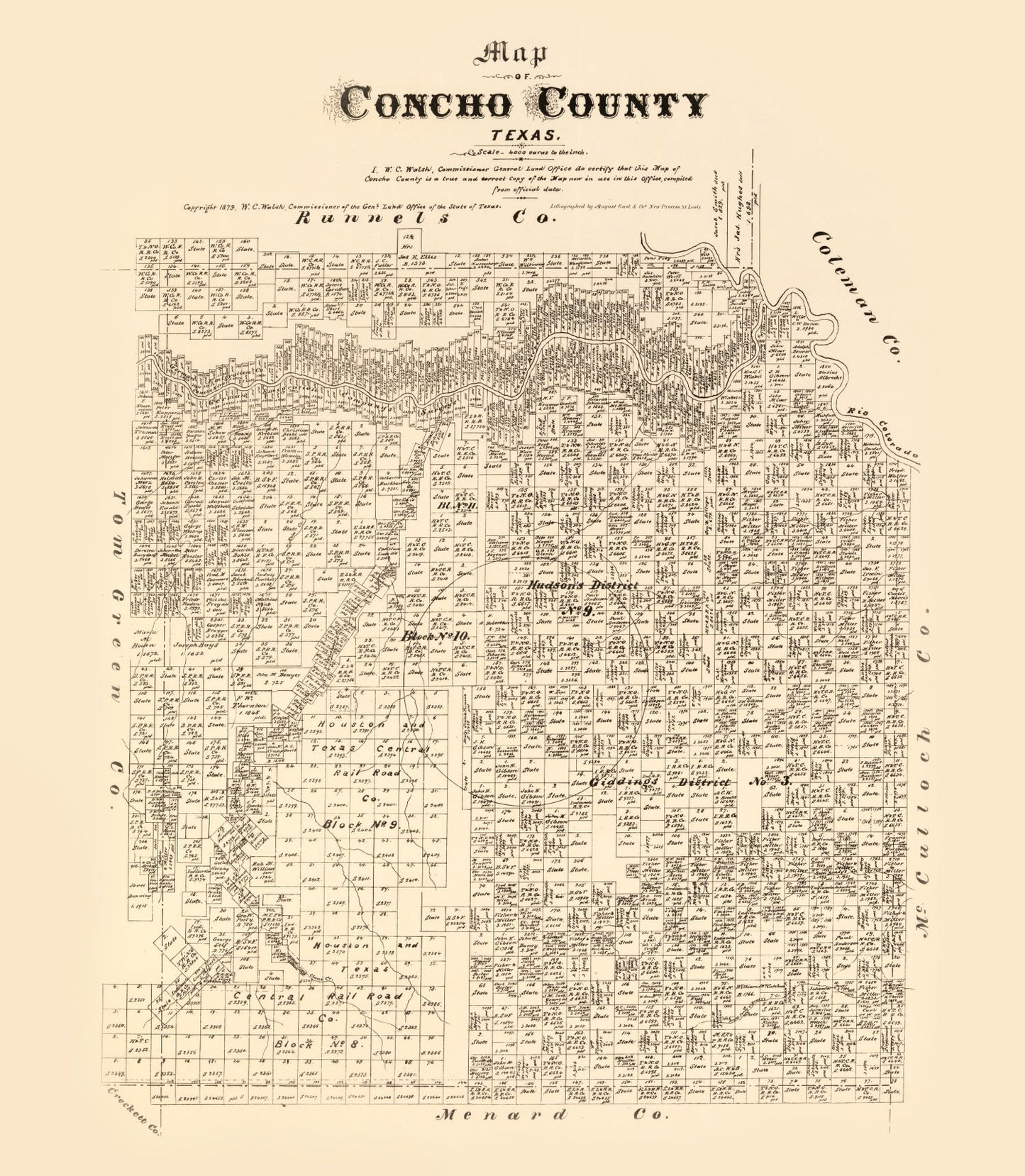 Vintage Map of Concho County, Texas 1879