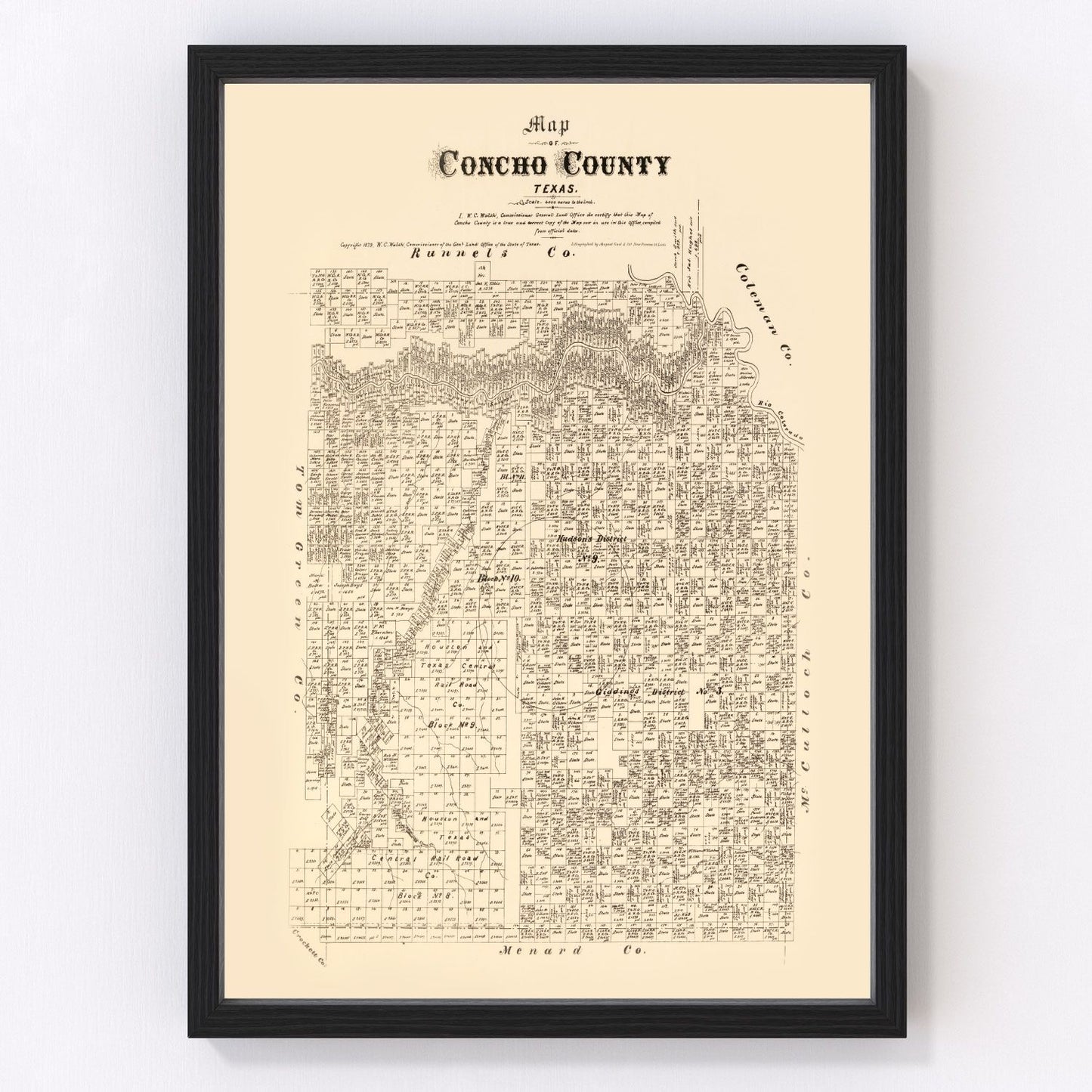 Vintage Map of Concho County, Texas 1879