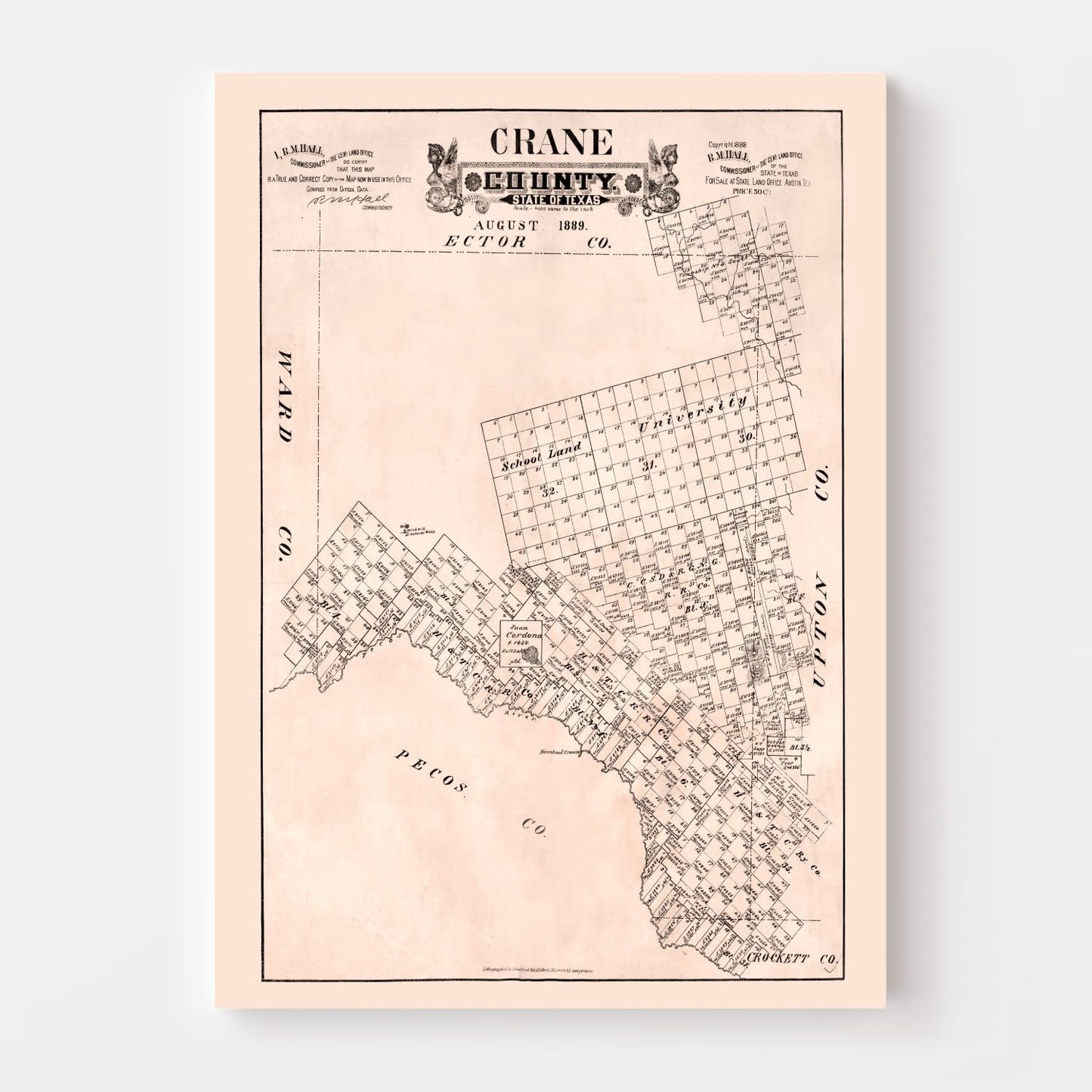 Vintage Map of Crane County, Texas 1888