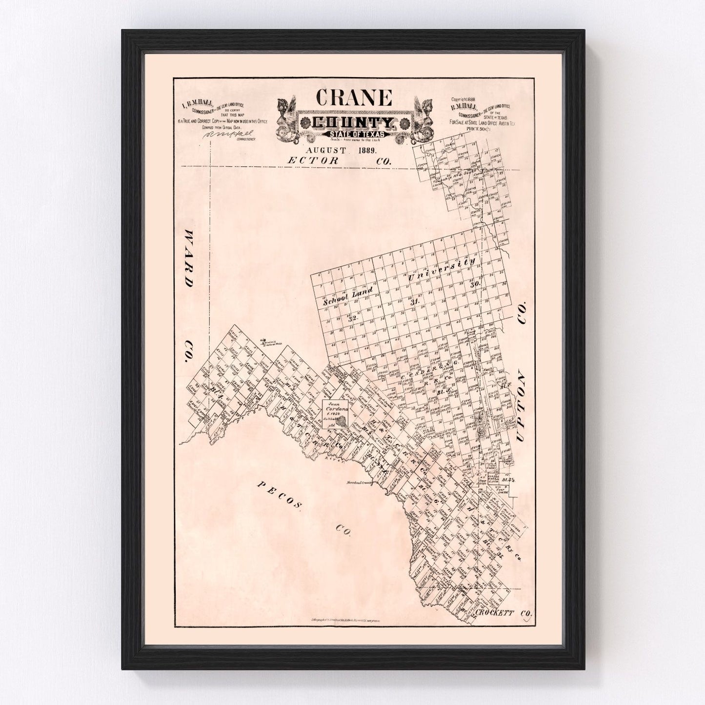 Vintage Map of Crane County, Texas 1888
