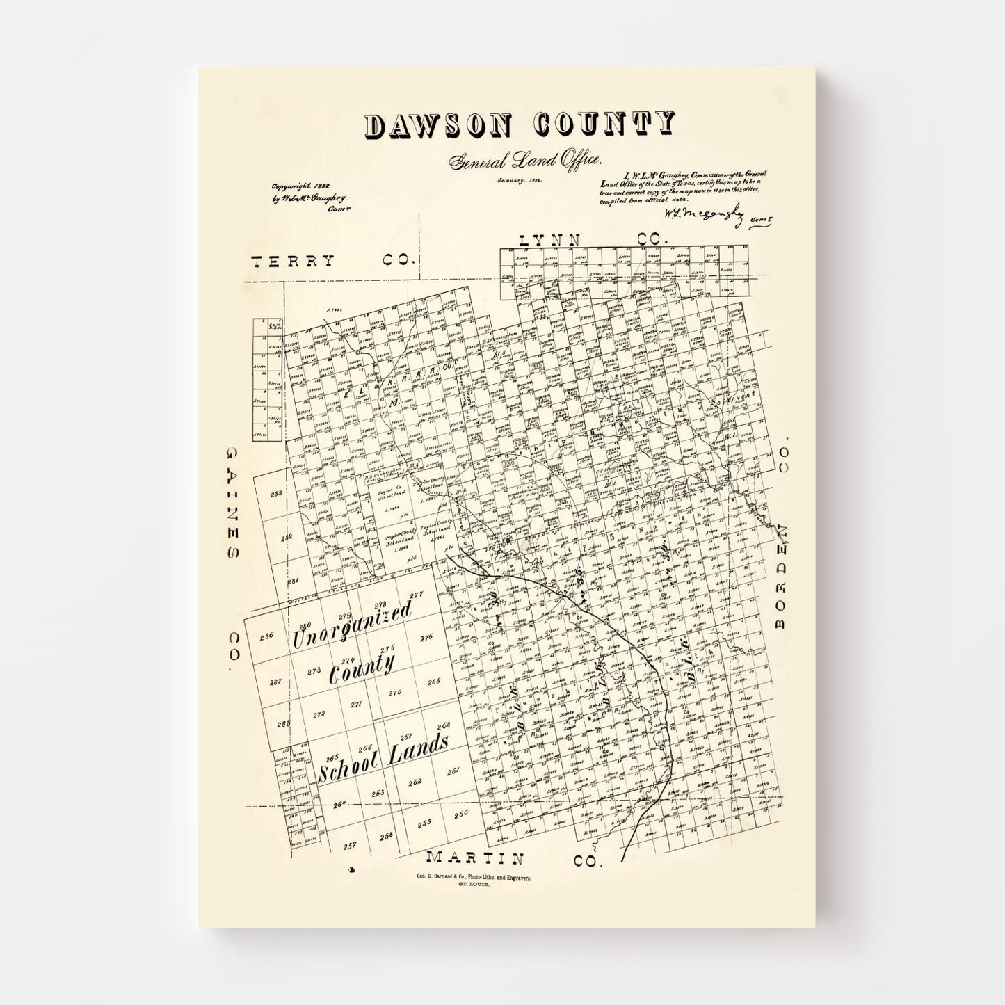 Vintage Map of Dawson County, Texas 1892