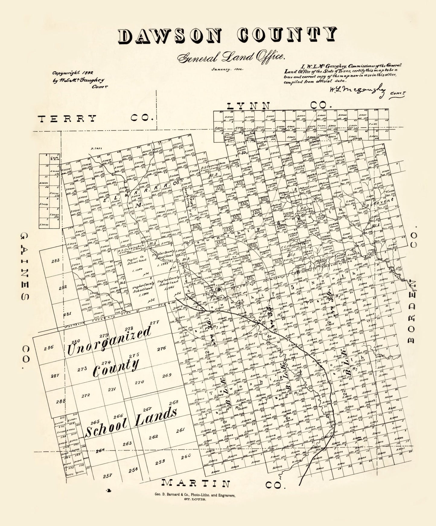 Vintage Map of Dawson County, Texas 1892