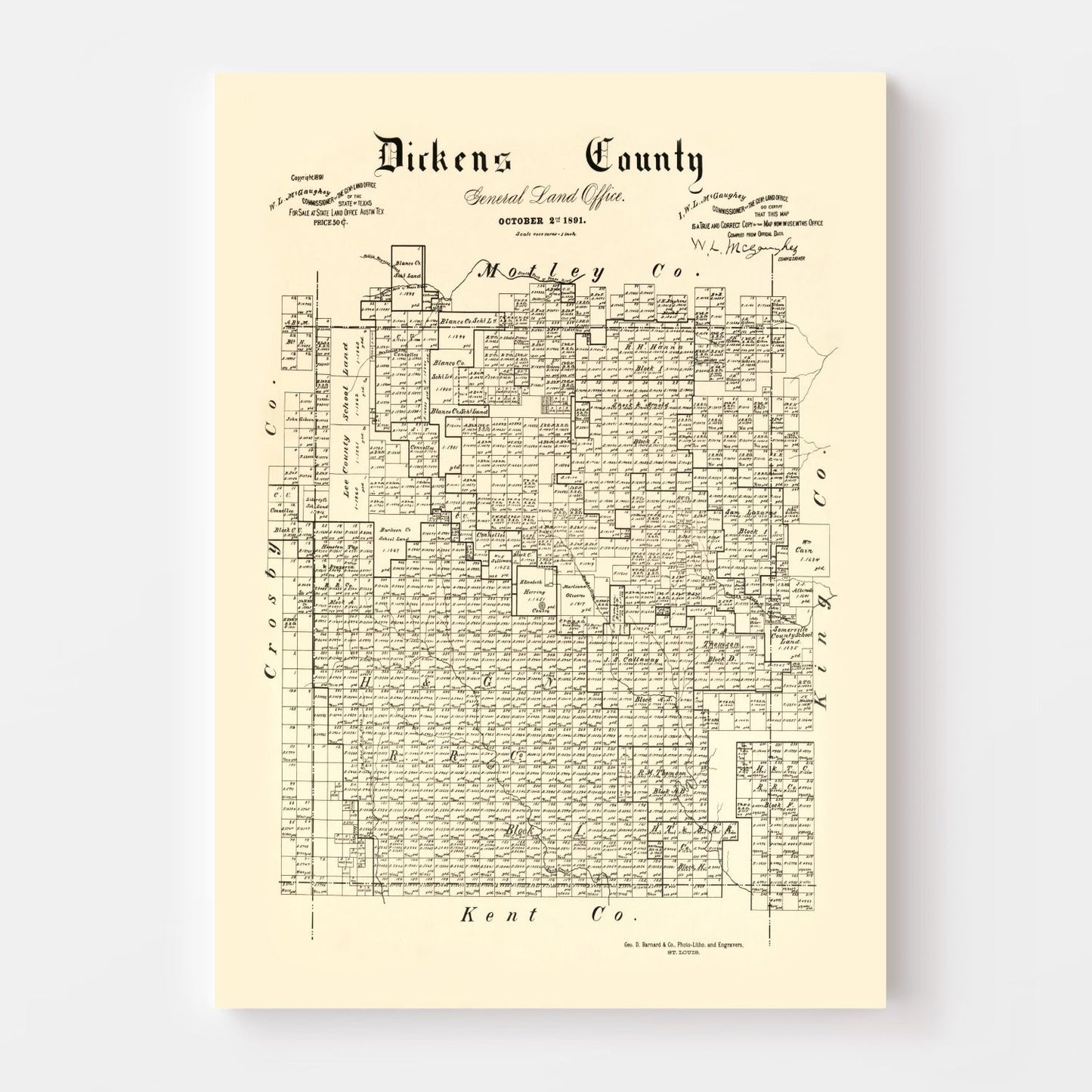 Vintage Map of Dickens County, Texas 1891