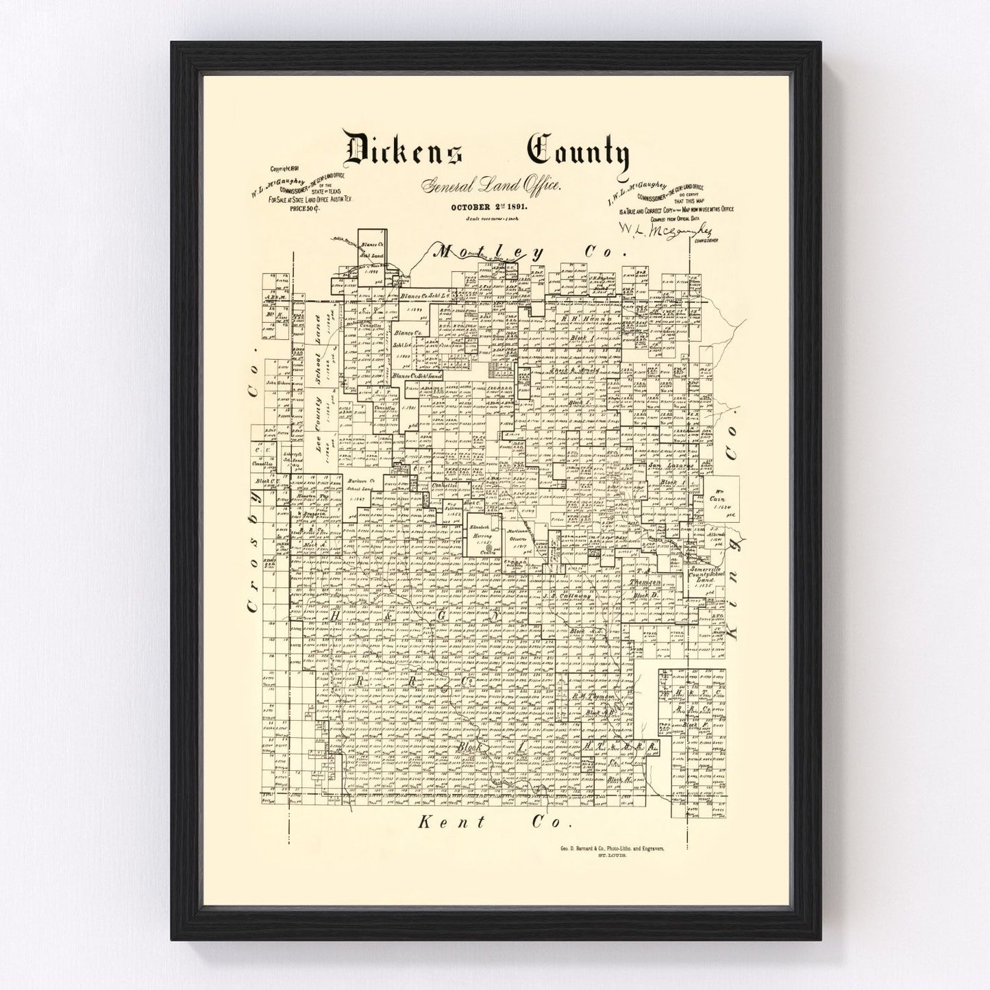 Vintage Map of Dickens County, Texas 1891