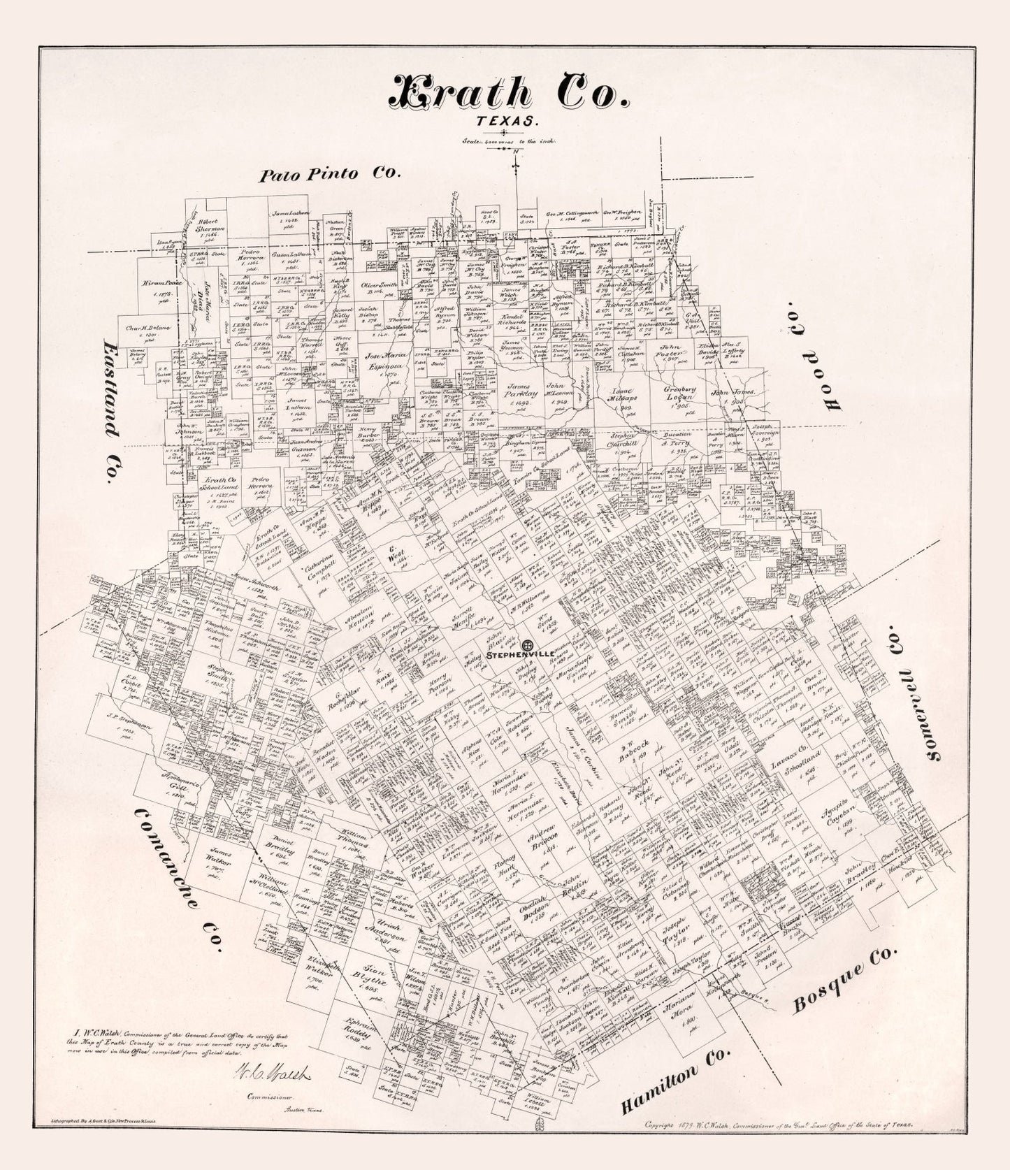 Vintage Map of Erath County, Texas 1879