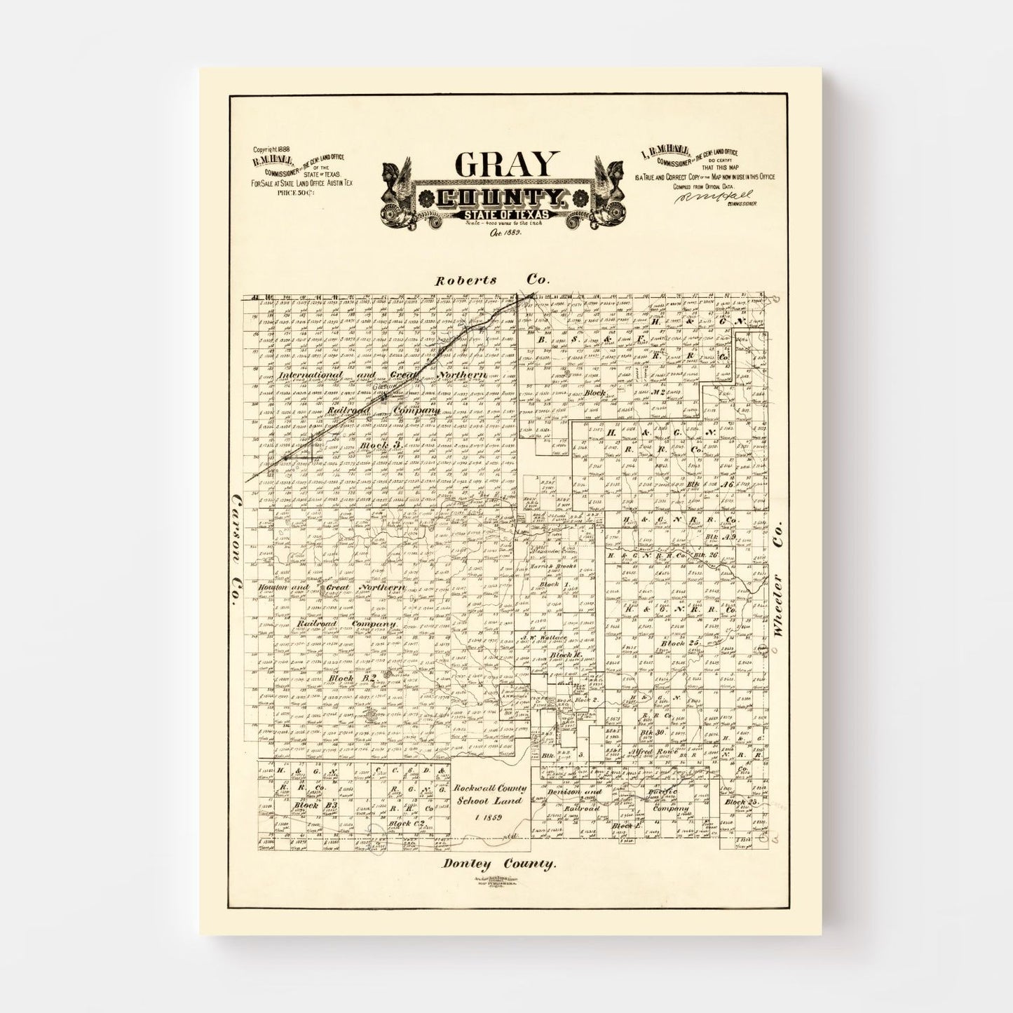 Vintage Map of Gray County, Texas 1888