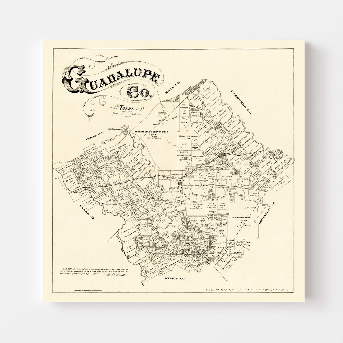 Vintage Map of Guadalupe County, Texas 1880