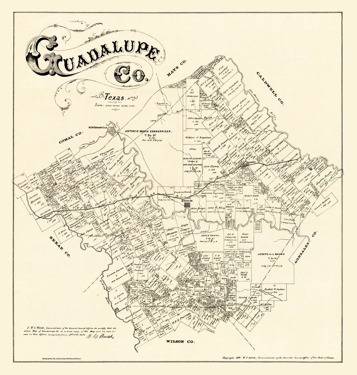 Vintage Map of Guadalupe County, Texas 1880