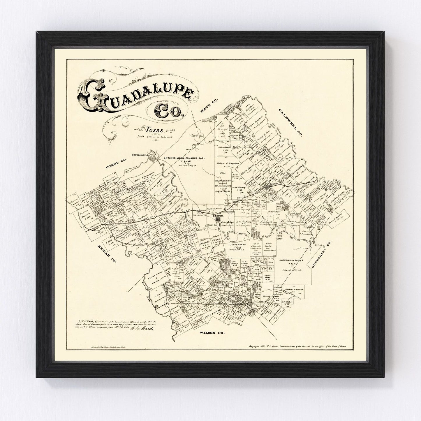 Vintage Map of Guadalupe County, Texas 1880