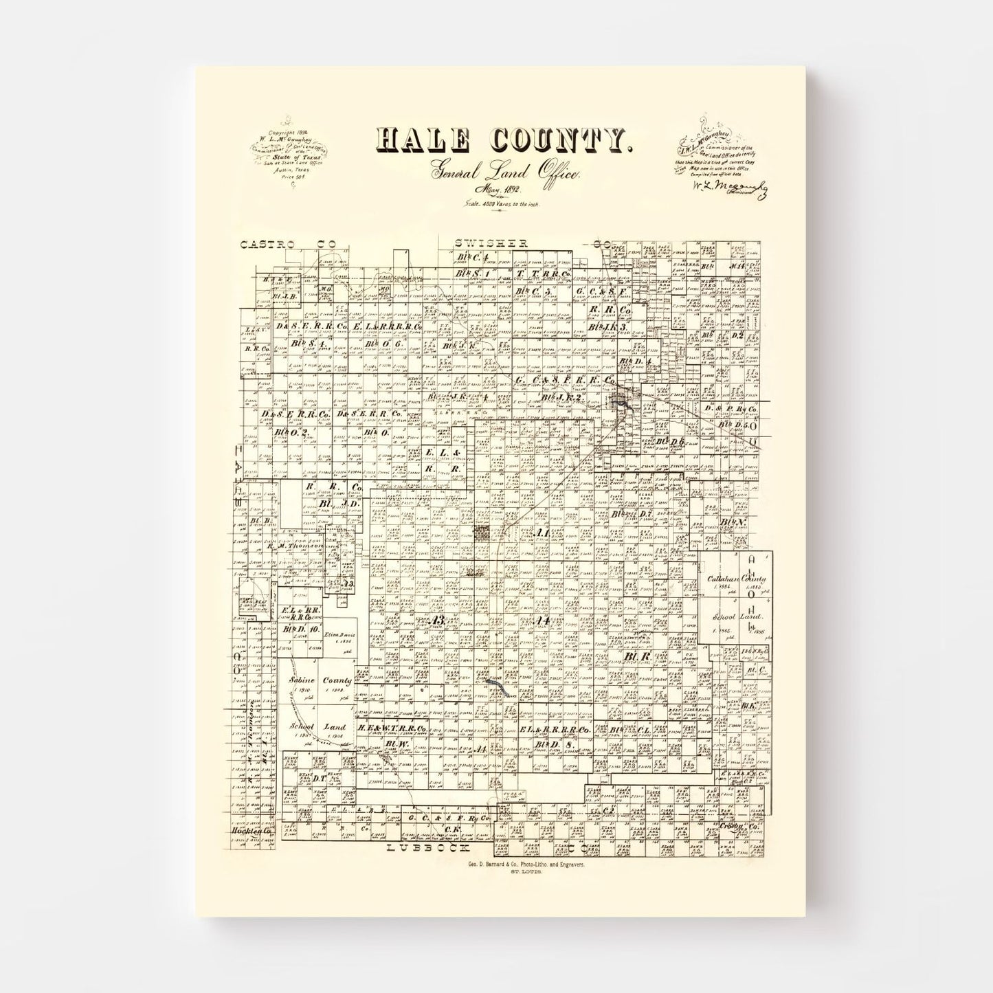 Vintage Map of Hale County, Texas 1892