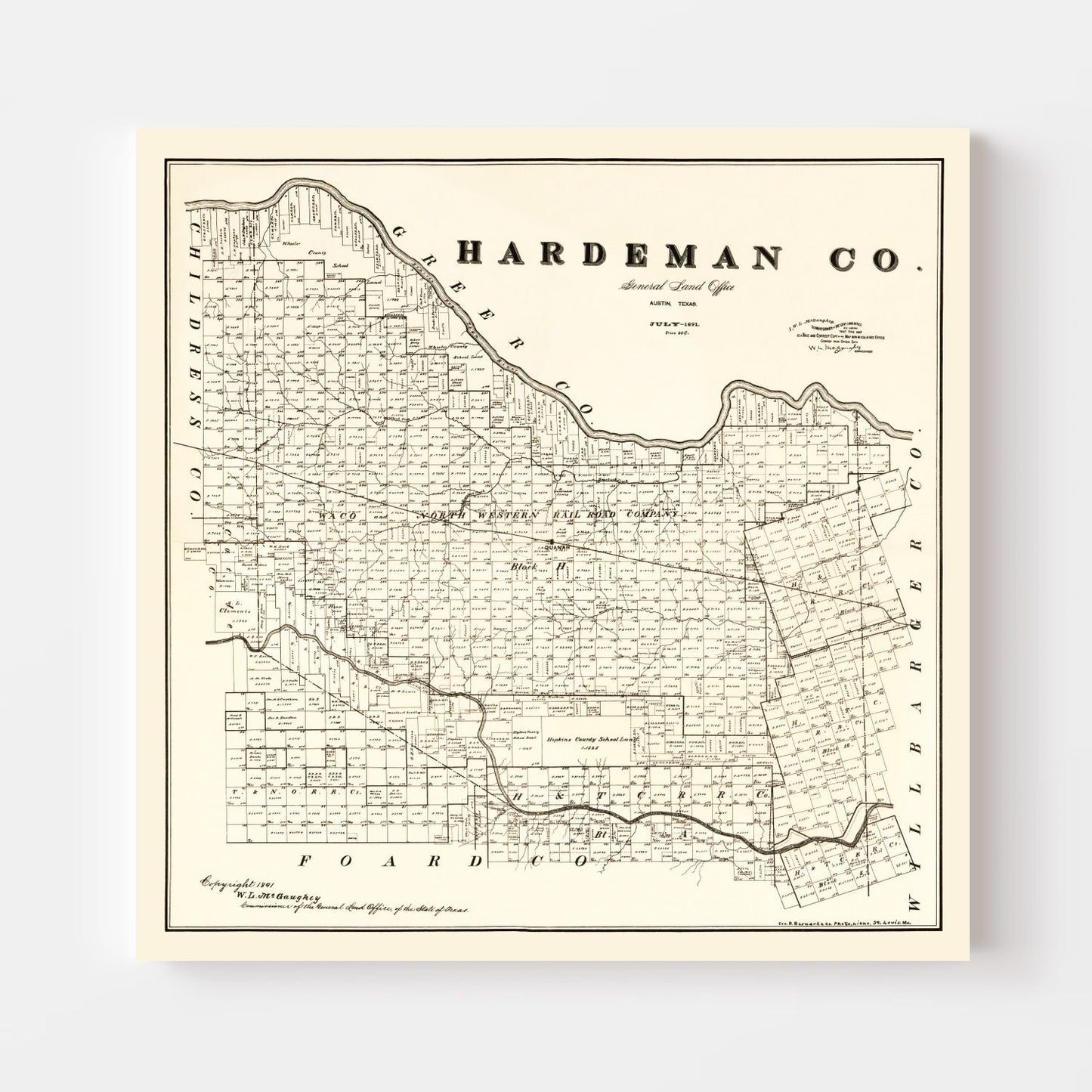 Vintage Map of Hardeman County, Texas 1891