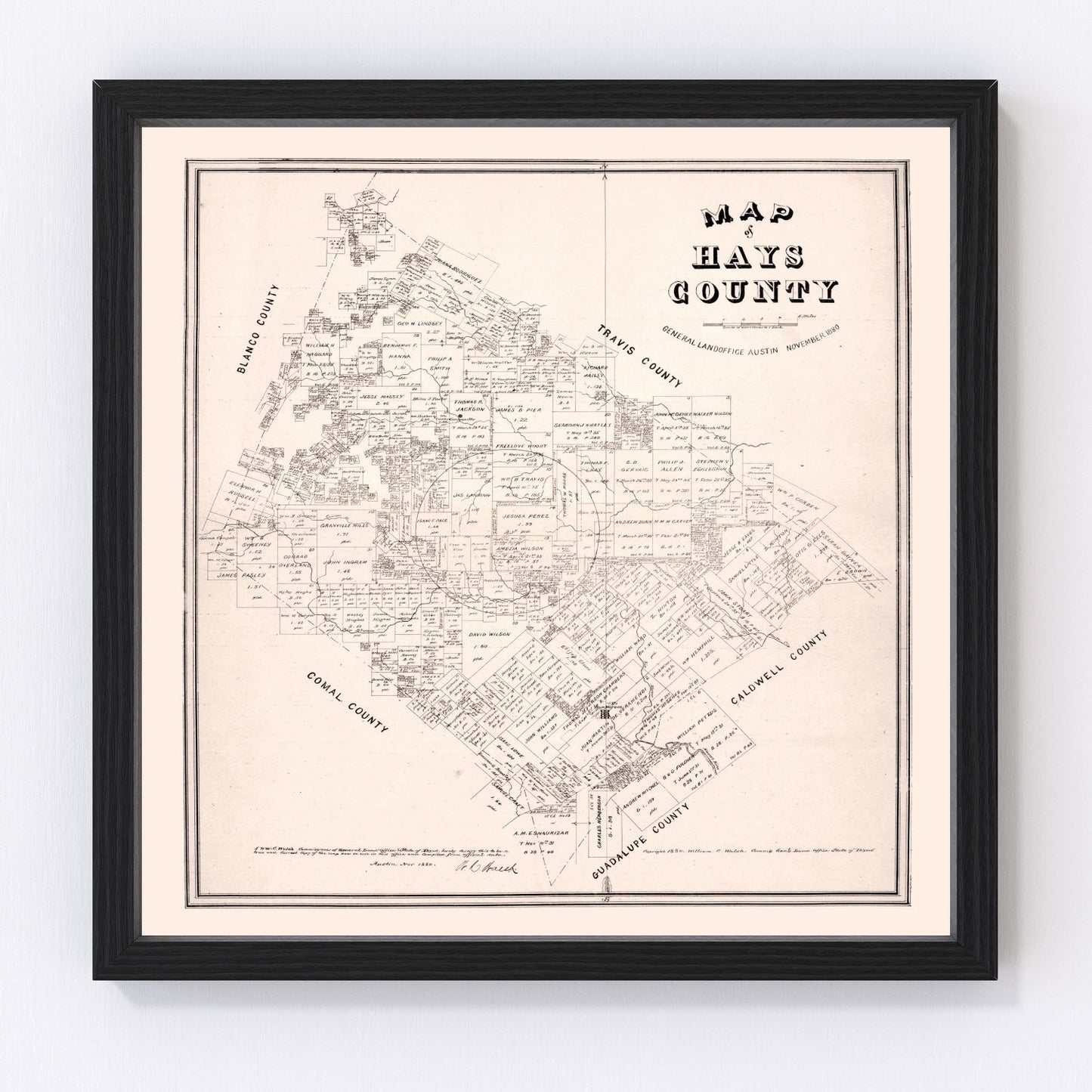 Vintage Map of Hays County, Texas 1880