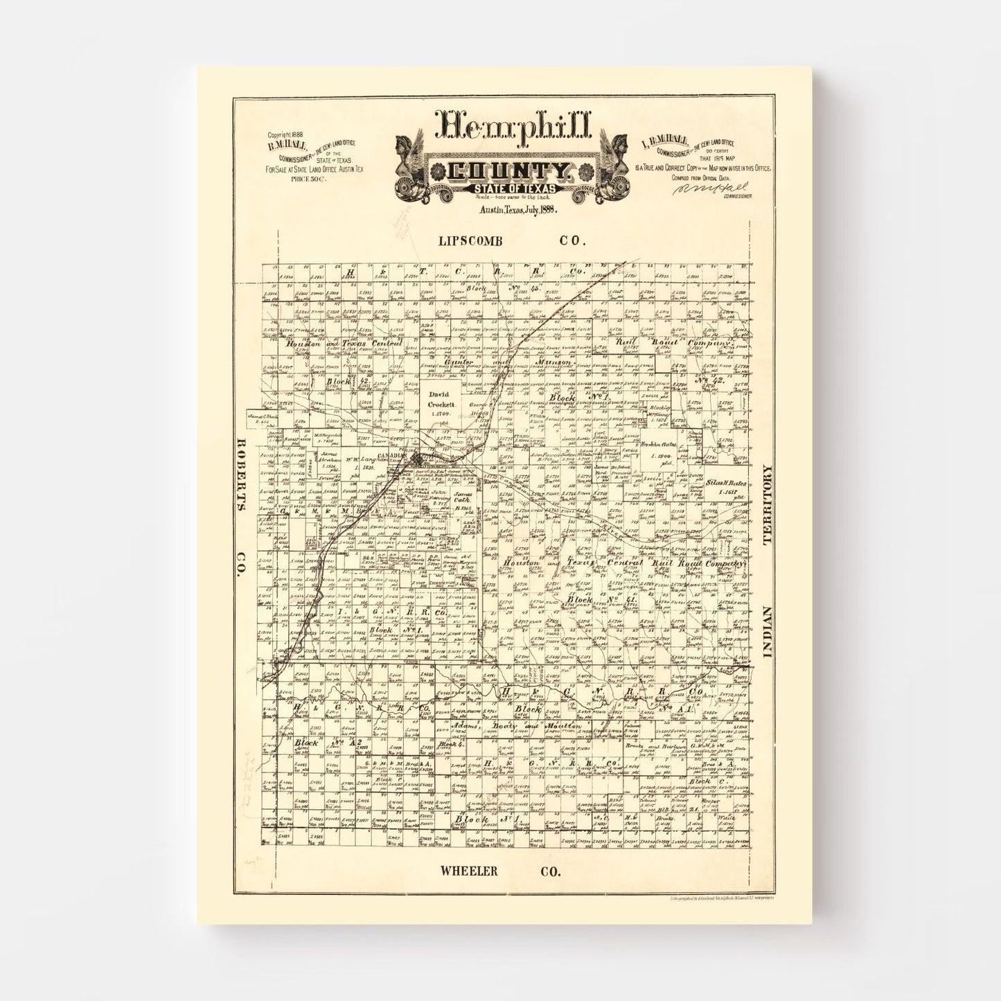 Vintage Map of Hemphill County, Texas 1888